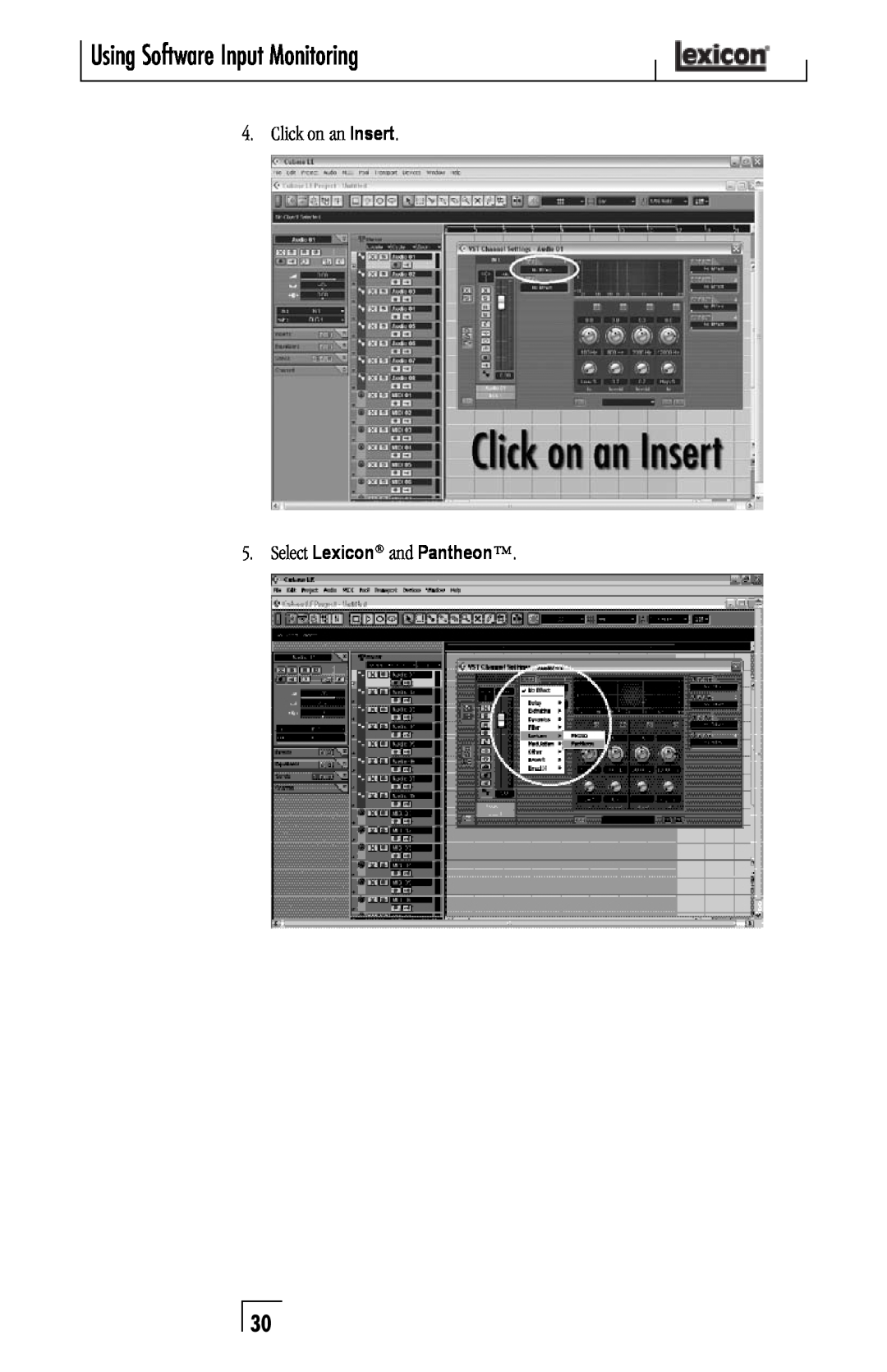 Lexicon Lambda Desktop Recording Studio Select Lexicon and Pantheon, Using Software Input Monitoring, Click on an Insert 