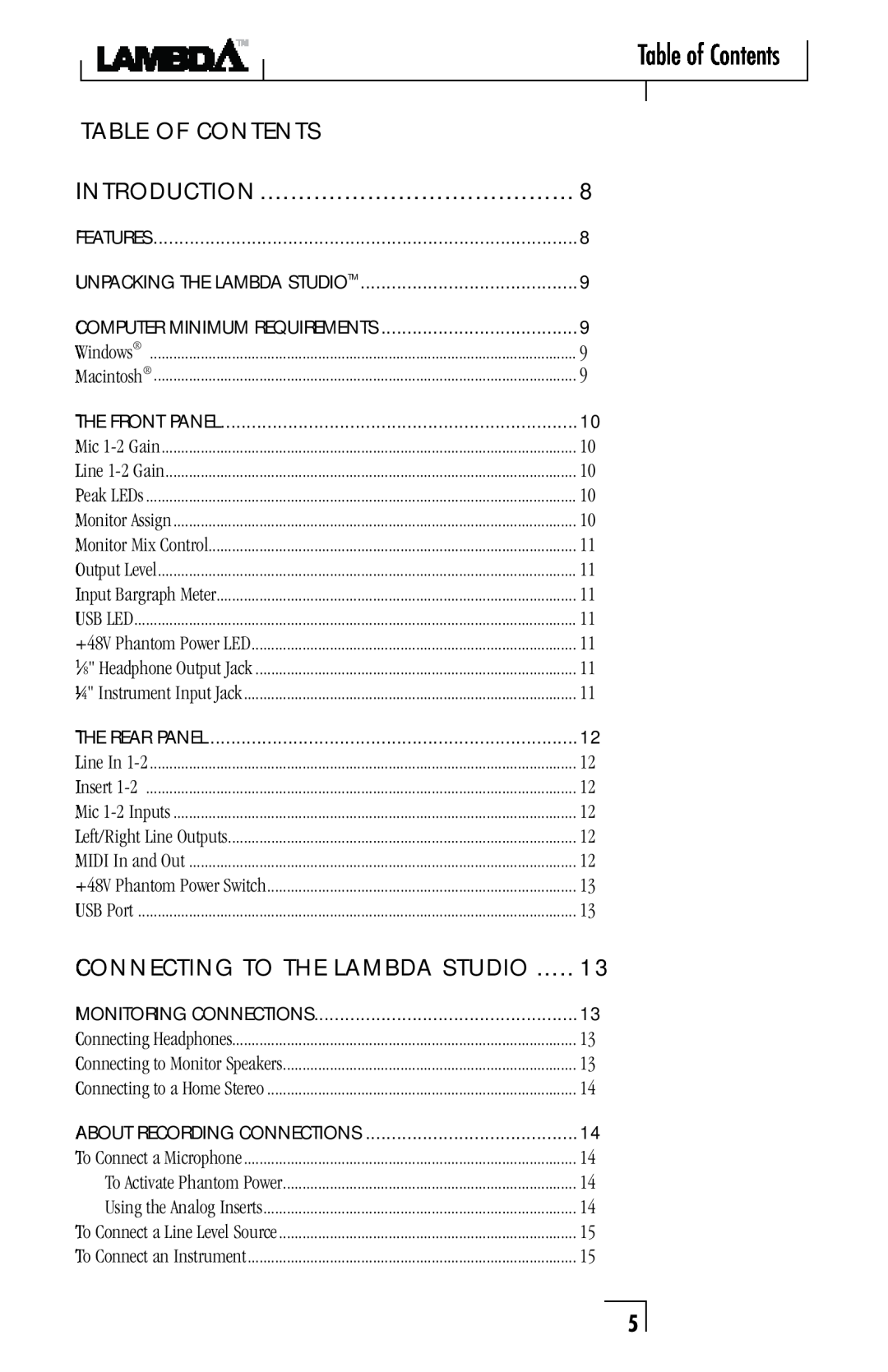 Lexicon Lambda Desktop Recording Studio owner manual Table of Contents, TaBLe of Contents, IntroDuction 