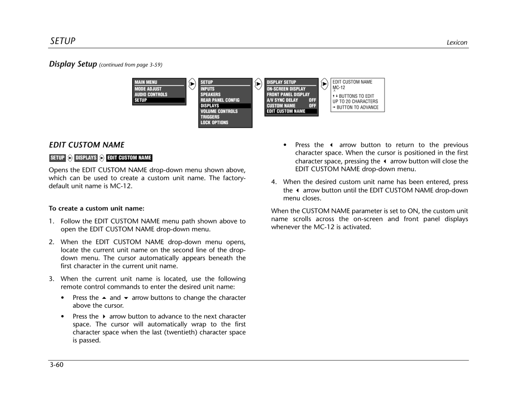 Lexicon Lexicon MC-12 manual Edit Custom Name, To create a custom unit name, Display Setup from 