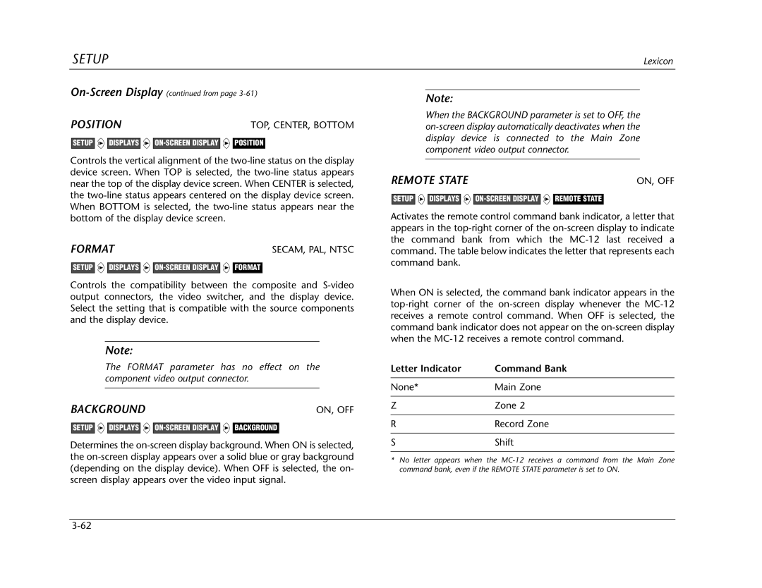 Lexicon Lexicon MC-12 manual Position, Format, Background, Remote State, Letter Indicator Command Bank 