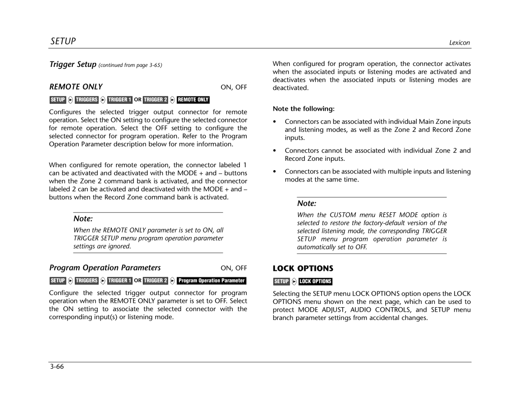 Lexicon Lexicon MC-12 manual Remote only, Lock Options, Trigger Setup from 