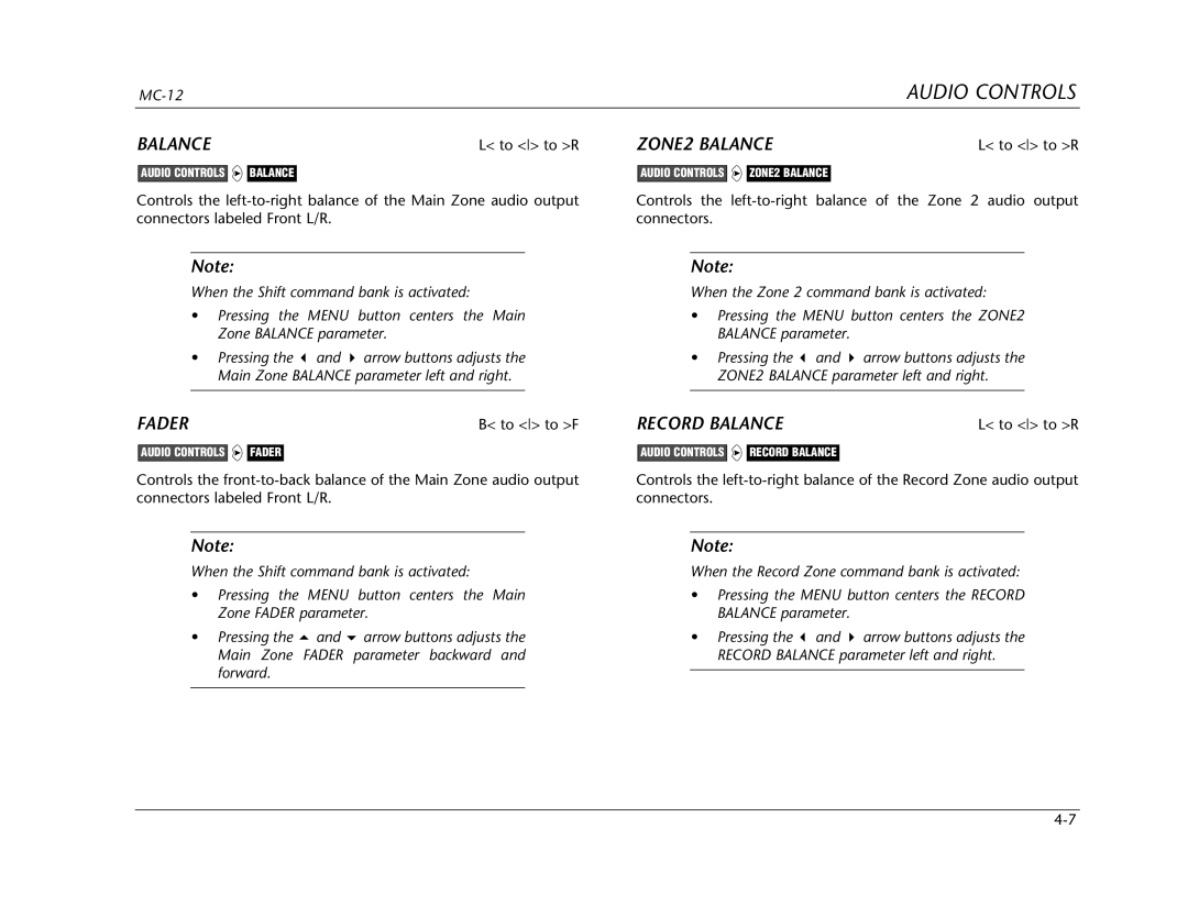 Lexicon Lexicon MC-12 manual Fader, ZONE2 Balance, Record Balance 