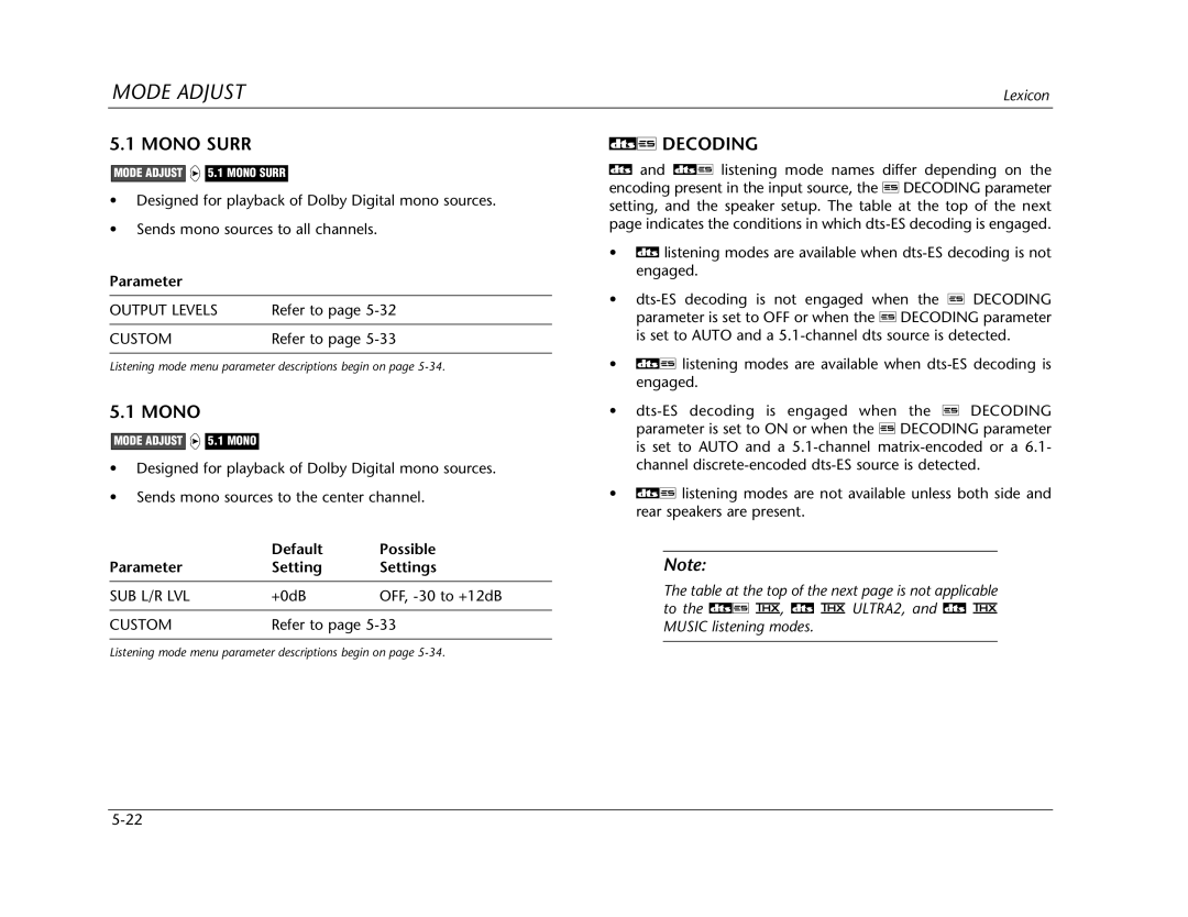 Lexicon Lexicon MC-12 manual Mono Surr, Decoding 