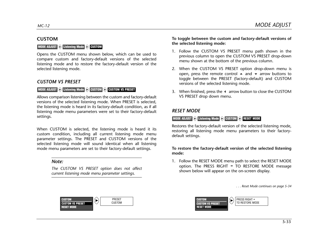 Lexicon Lexicon MC-12 manual Custom VS Preset, Reset Mode continues on 