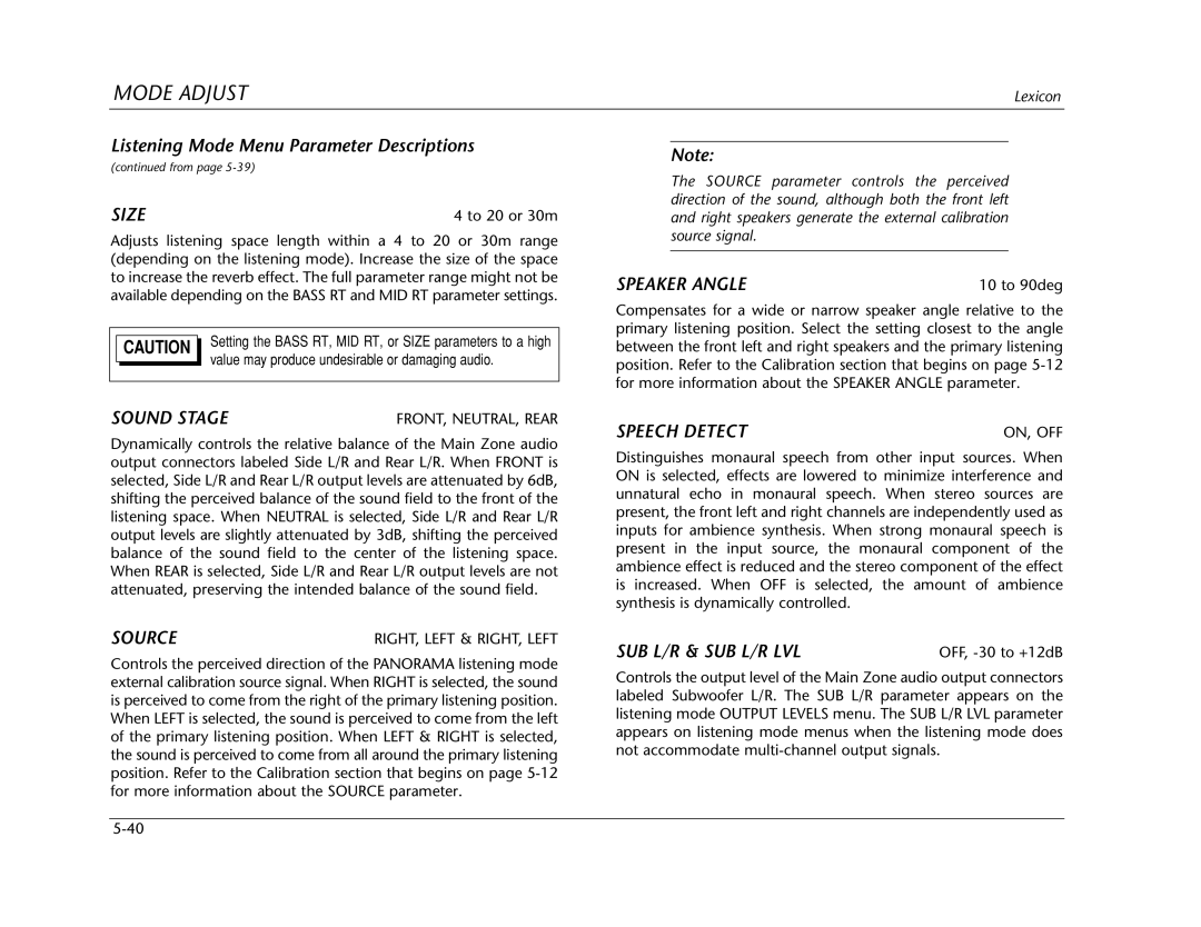 Lexicon Lexicon MC-12 manual Size, Sound Stage, Source, Speaker Angle, Speech Detect, Sub L/R & Sub L/R Lvl 