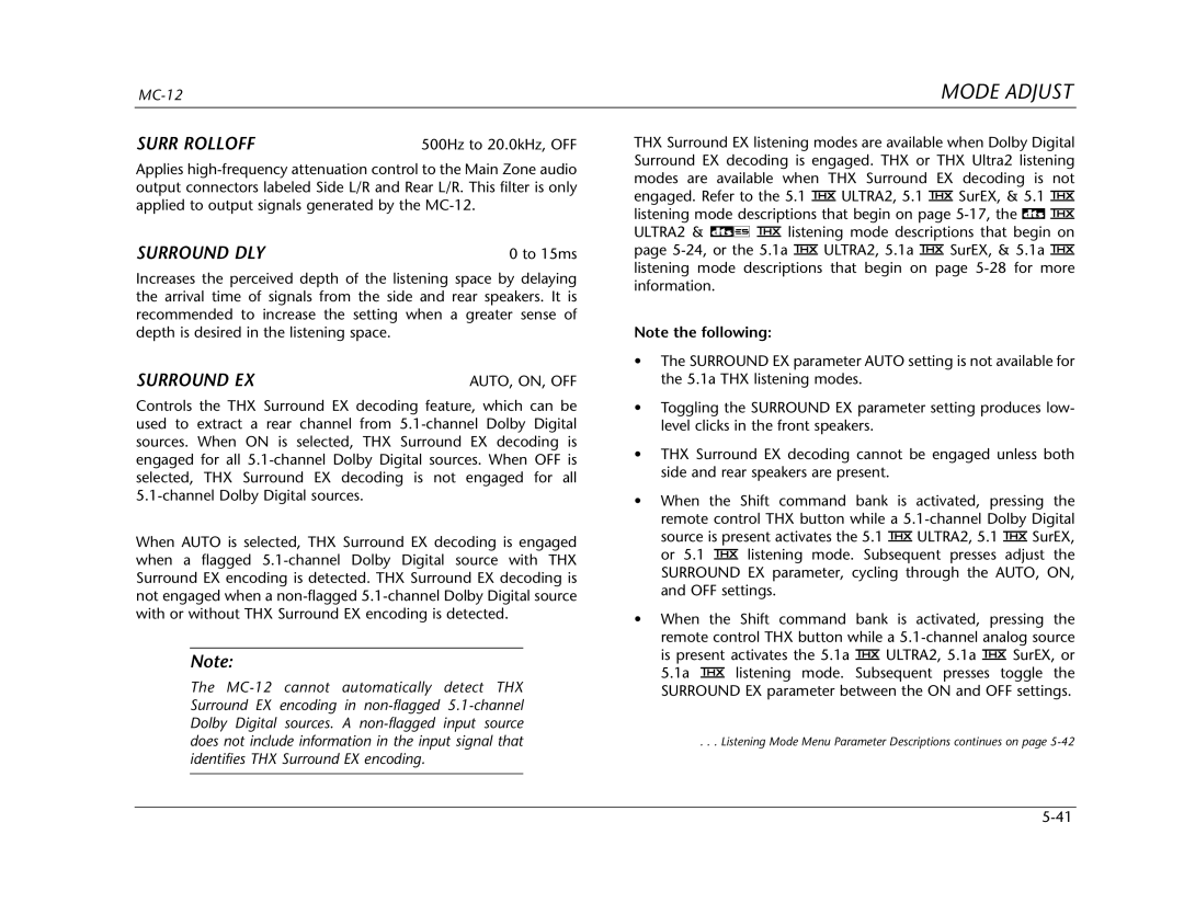 Lexicon Lexicon MC-12 manual Surr Rolloff, Surround DLY, Surround EX 