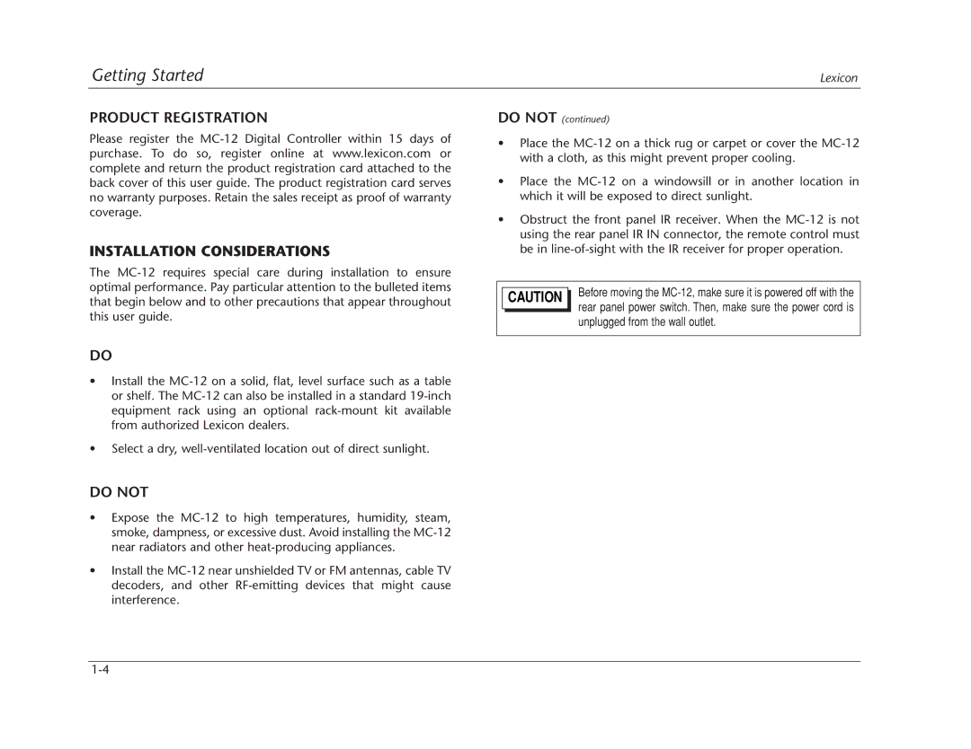 Lexicon Lexicon MC-12 manual Product Registration Installation Considerations, Do not 