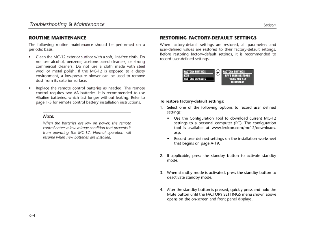 Lexicon Lexicon MC-12 manual Routine Maintenance, Restoring FACTORY-DEFAULT Settings, To restore factory-default settings 