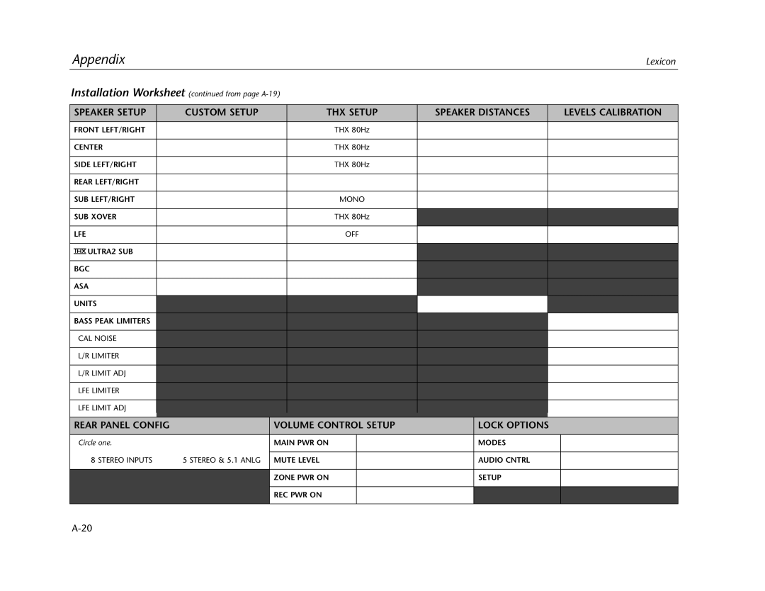 Lexicon Lexicon MC-12 Custom Setup THX Setup Speaker Distances Levels Calibration, Installation Worksheet from page A-19 