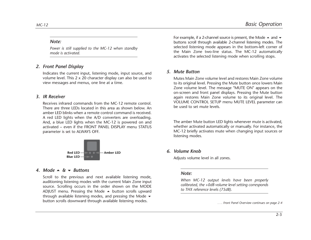 Lexicon Lexicon MC-12 manual Front Panel Display, IR Receiver, Mode & Buttons, Mute Button, Volume Knob 