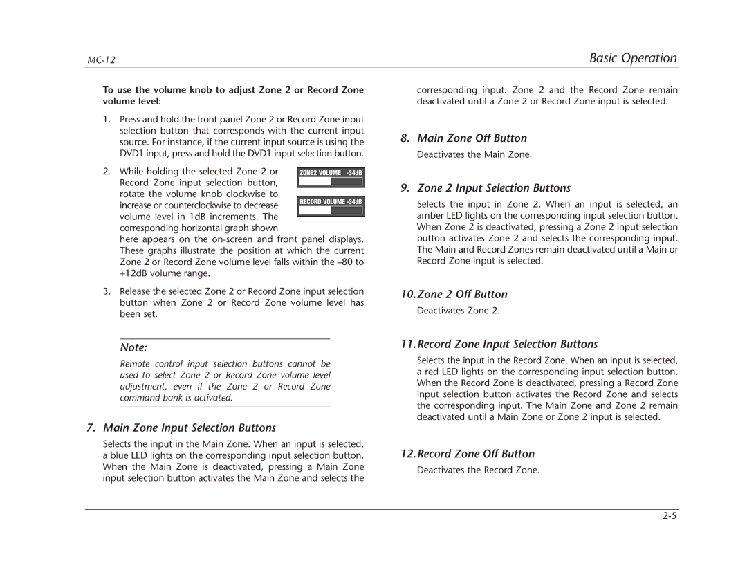 Lexicon Lexicon MC-12 manual Main Zone Input Selection Buttons, Main Zone Off Button, Zone 2 Input Selection Buttons 