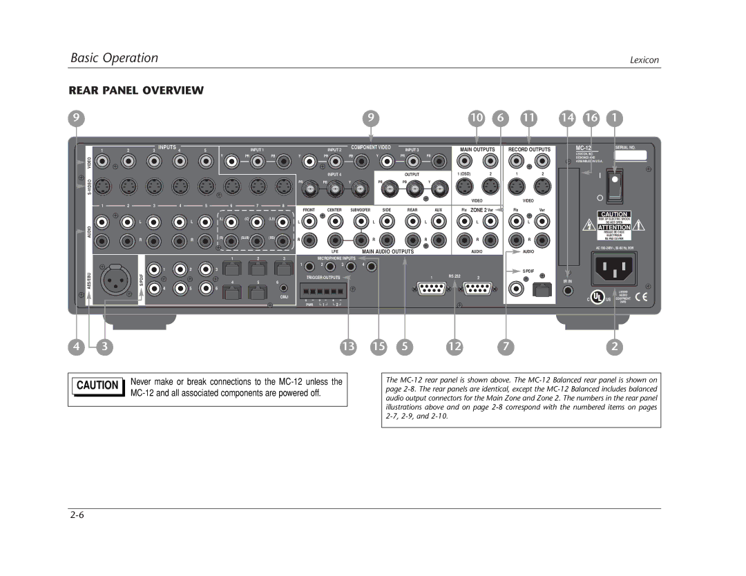 Lexicon Lexicon MC-12 manual Rear Panel Overview, Main Outputs 