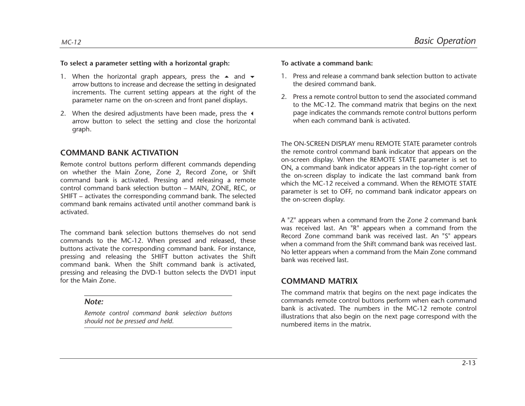 Lexicon Lexicon MC-12 manual Command Bank Activation, Command Matrix, To select a parameter setting with a horizontal graph 