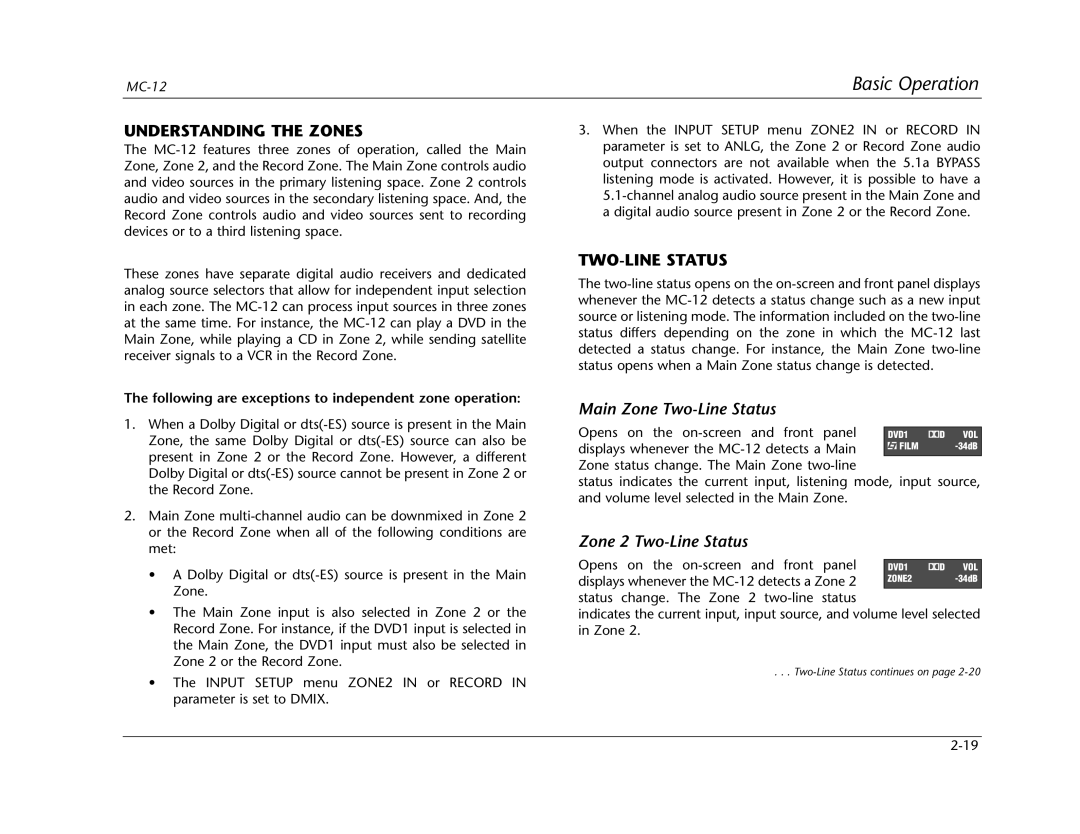 Lexicon Lexicon MC-12 manual Understanding the Zones, TWO-LINE Status, Main Zone Two-Line Status, Zone 2 Two-Line Status 