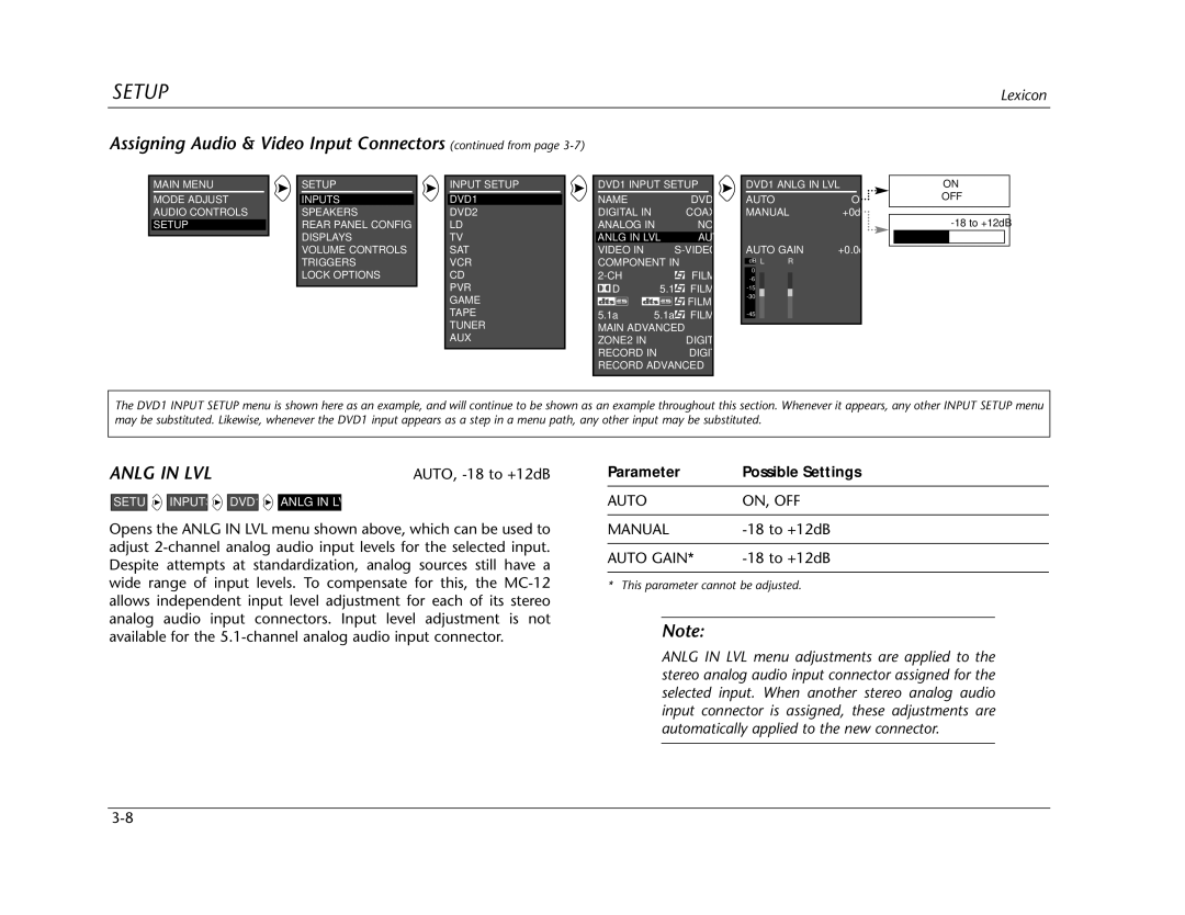 Lexicon Lexicon MC-12 manual Assigning Audio & Video Input Connectors from, Anlg in LVL, This parameter cannot be adjusted 