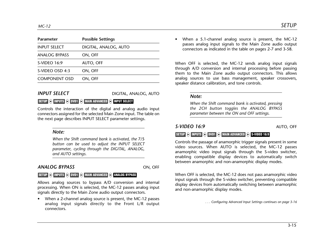 Lexicon Lexicon MC-12 manual Input Select, Analog Bypass, Video, Configuring Advanced Input Settings continues on 