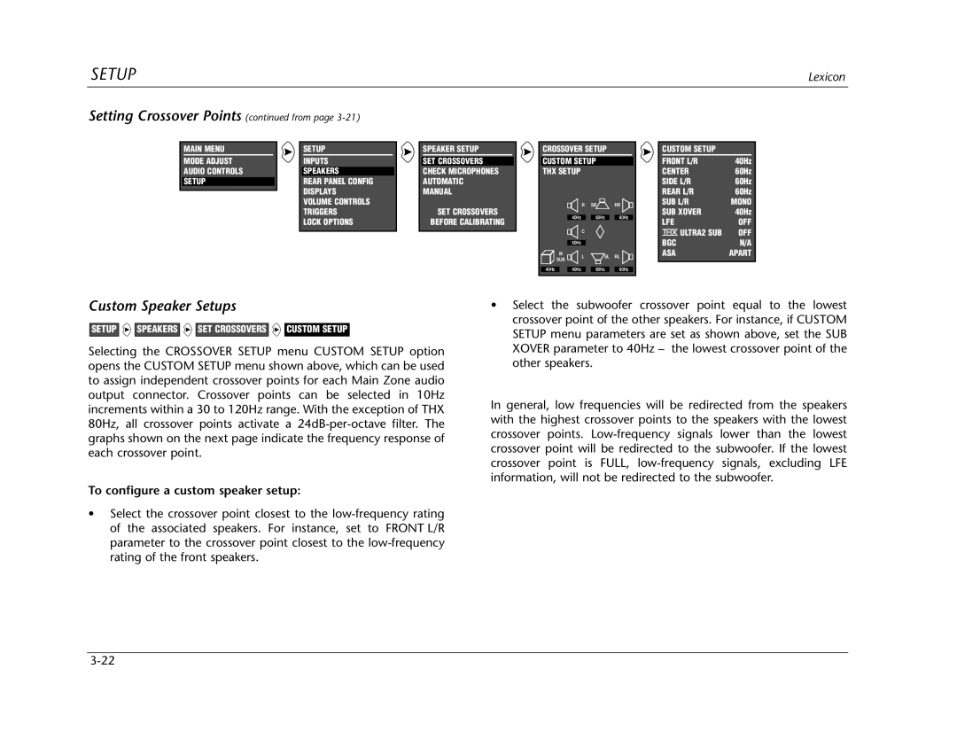 Lexicon Lexicon MC-12 manual Custom Speaker Setups, To configure a custom speaker setup, Setting Crossover Points from 