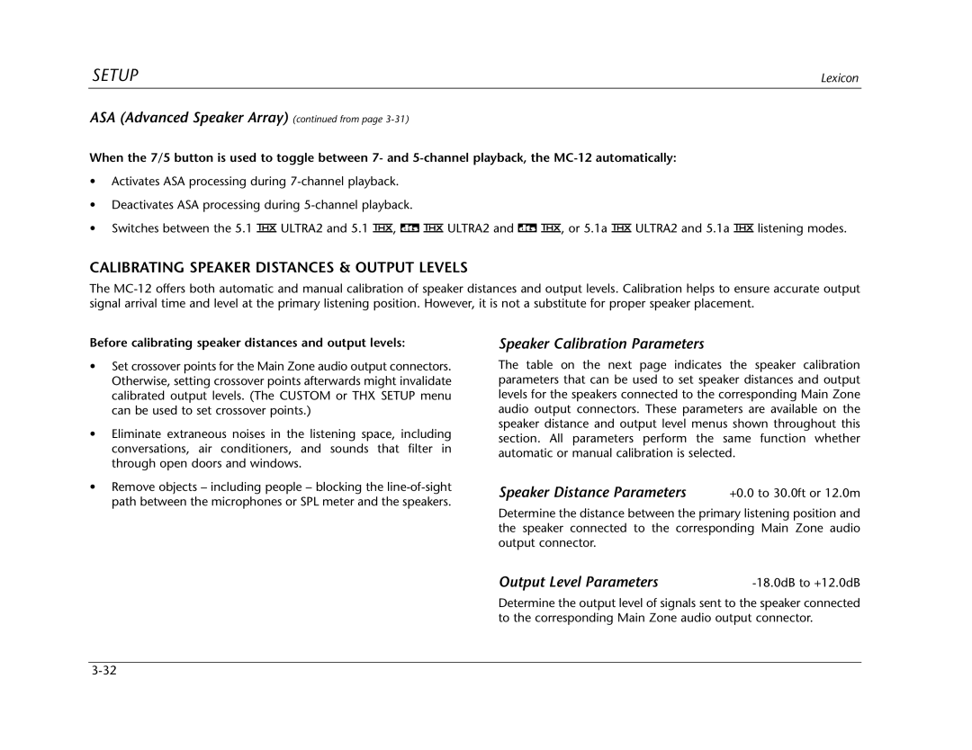 Lexicon Lexicon MC-12 manual ASA Advanced Speaker Array from, Calibrating Speaker Distances & Output Levels 