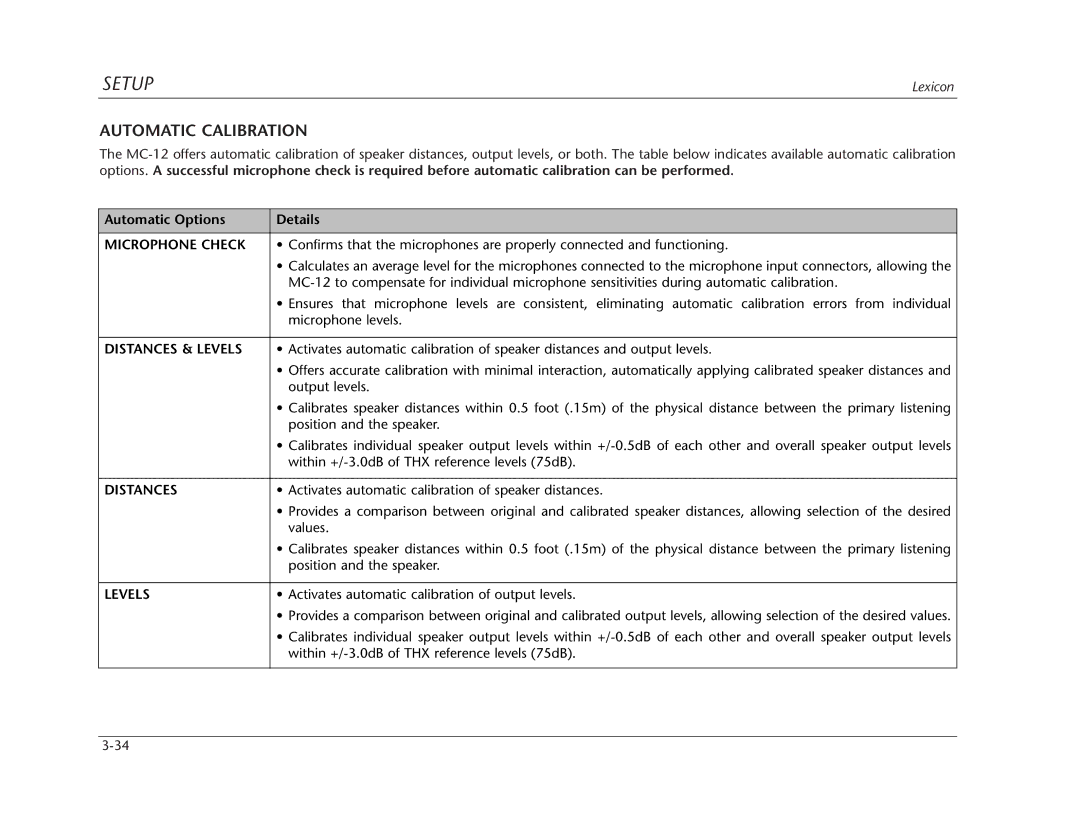 Lexicon Lexicon MC-12 manual Automatic Calibration, Automatic Options Details 