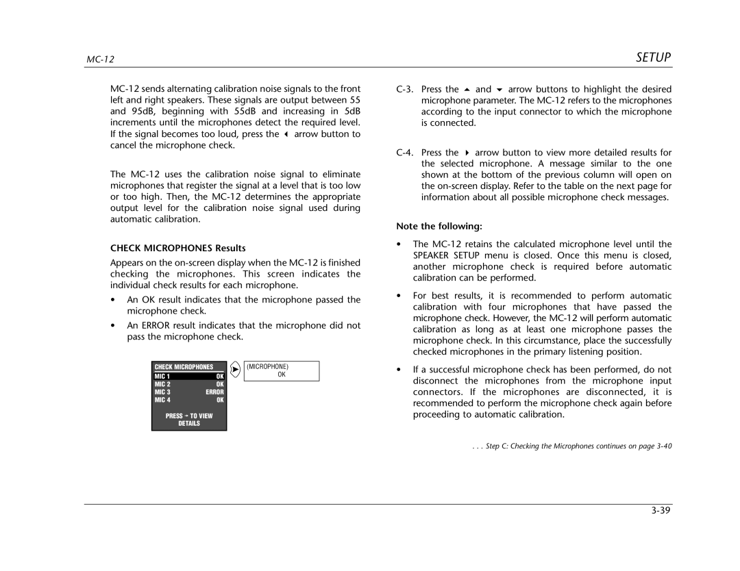 Lexicon Lexicon MC-12 manual Check Microphones Results, Step C Checking the Microphones continues on 