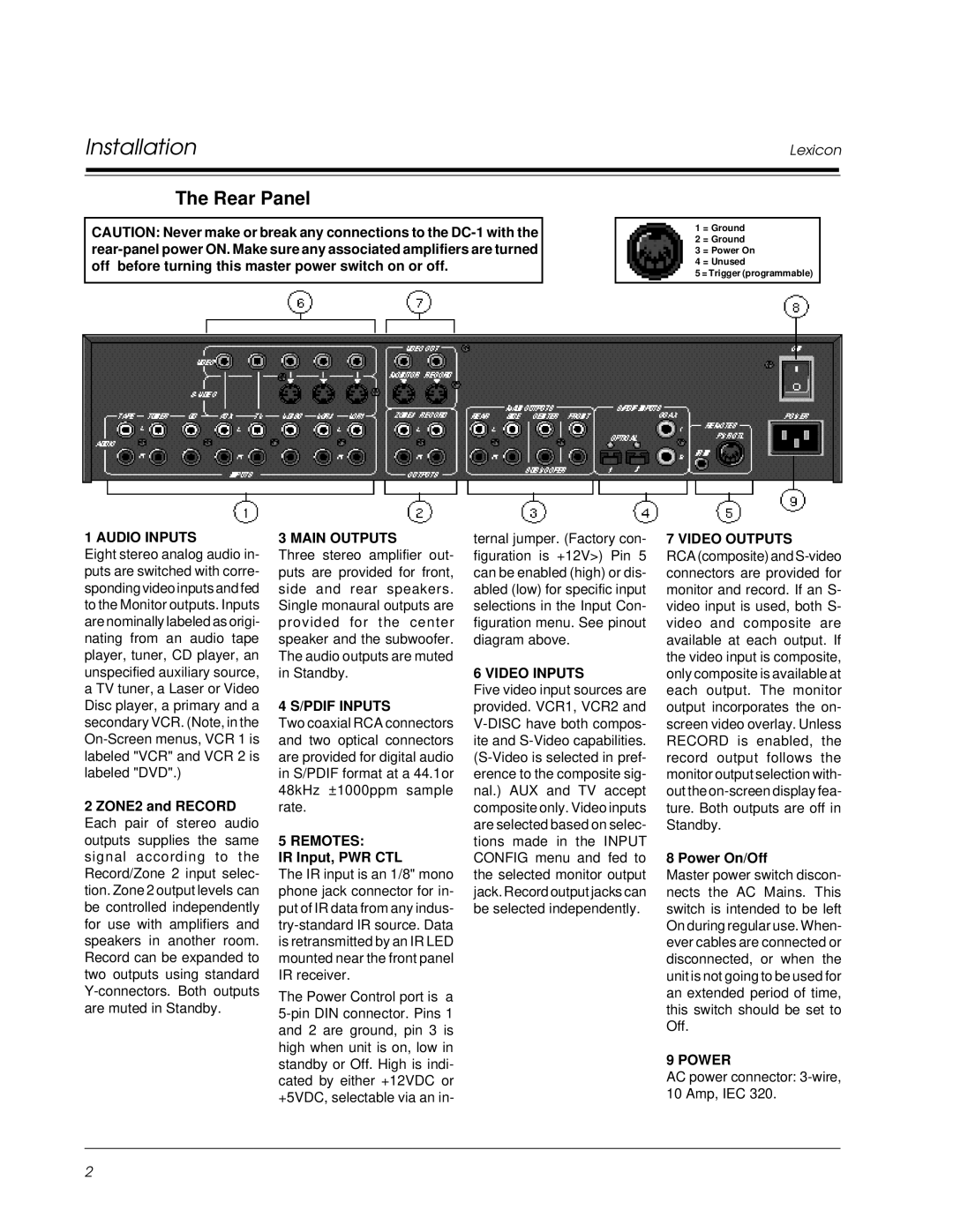 Lexicon Lexicon Part #070-13234 owner manual Installation, Rear Panel 