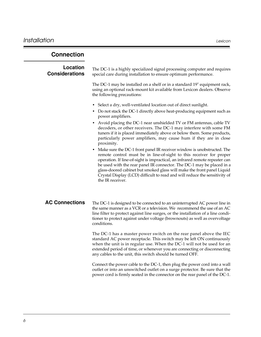 Lexicon Lexicon Part #070-13234 owner manual Location Considerations AC Connections 