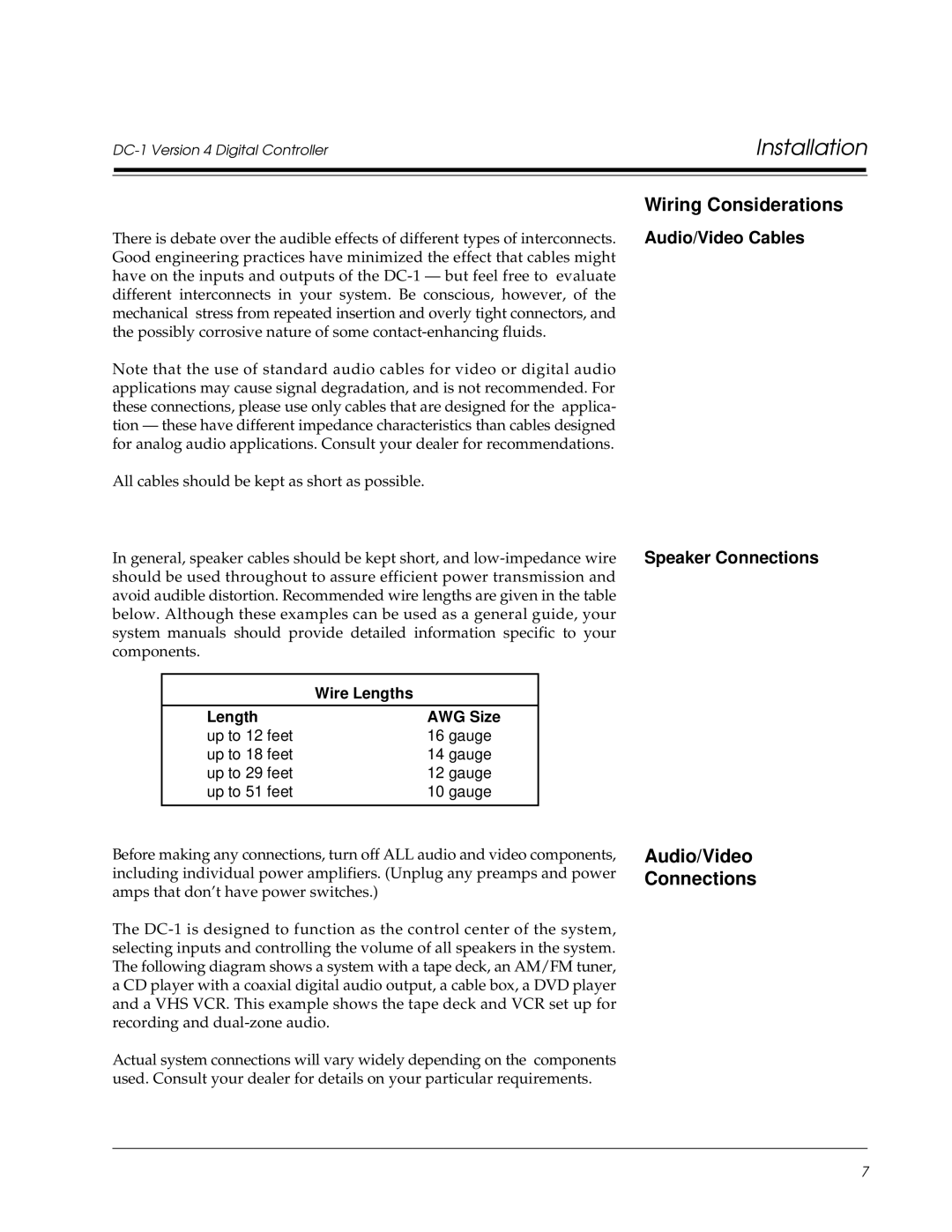 Lexicon Lexicon Part #070-13234 Wiring Considerations, Audio/Video Connections, Audio/Video Cables, Wire Lengths AWG Size 