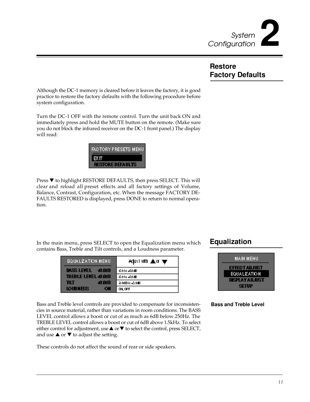 Lexicon Lexicon Part #070-13234 owner manual Restore Factory Defaults, Equalization, Bass and Treble Level 