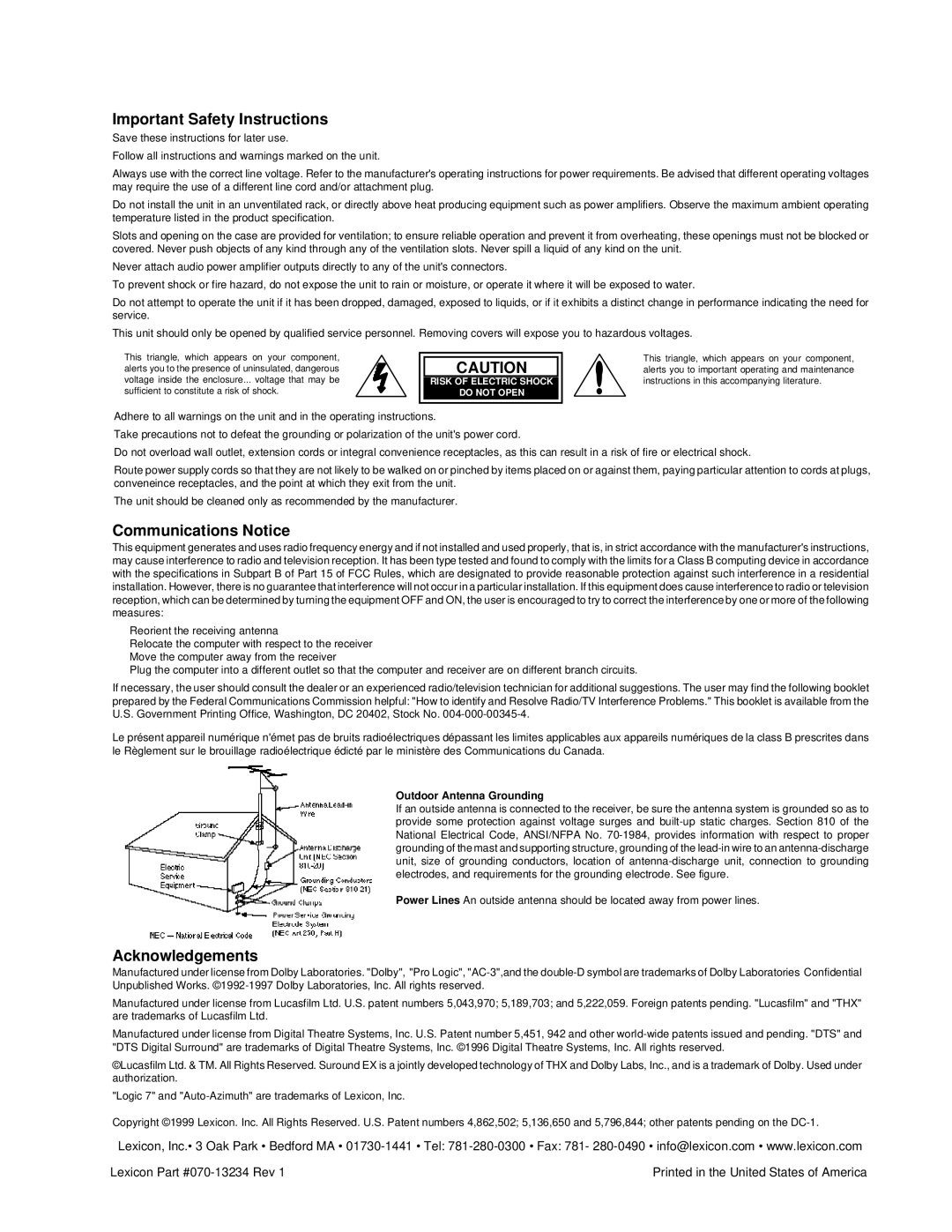 Lexicon Lexicon Part #070-13234 owner manual Important Safety Instructions, Communications Notice, Acknowledgements 