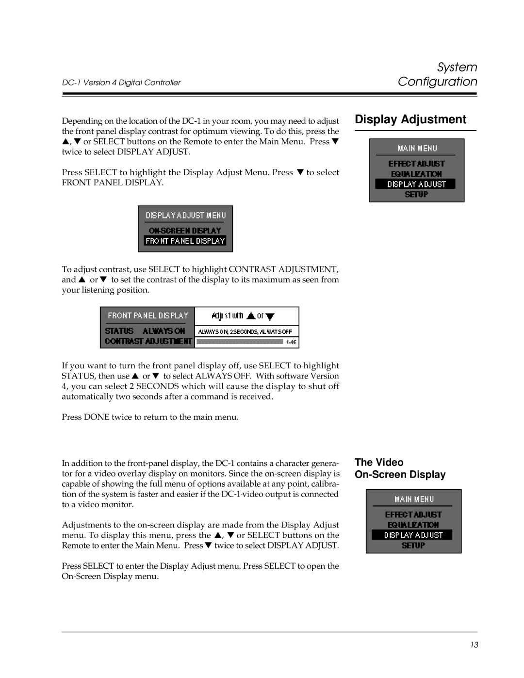 Lexicon Lexicon Part #070-13234 owner manual Display Adjustment, Video On-Screen Display 