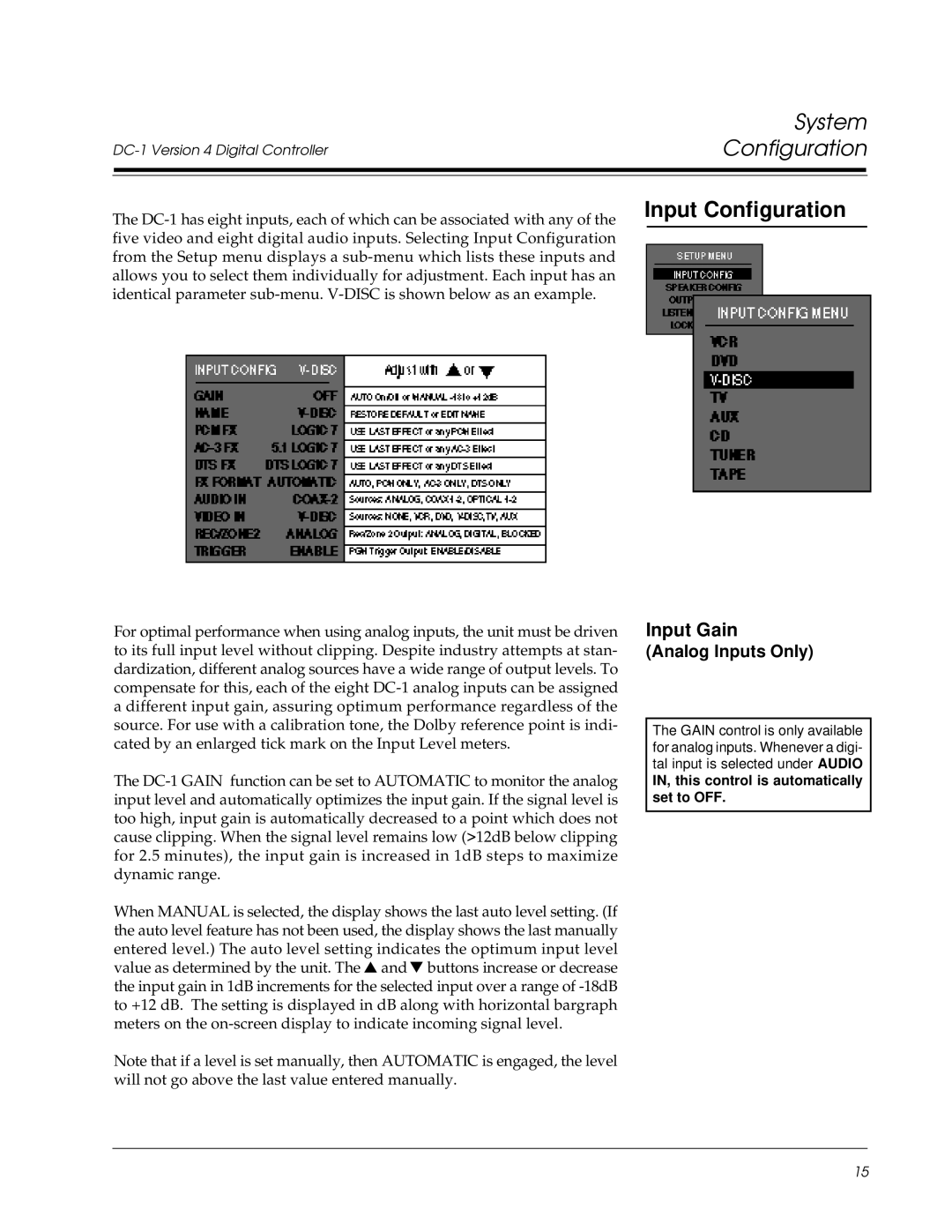 Lexicon Lexicon Part #070-13234 owner manual Input Configuration, Input Gain, Analog Inputs Only 