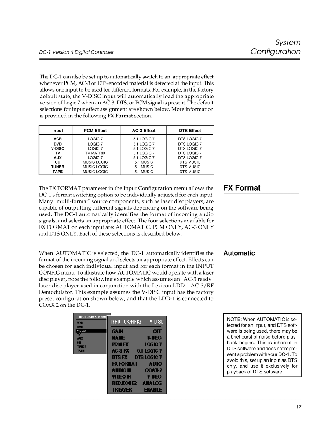 Lexicon Lexicon Part #070-13234 owner manual Automatic, Input PCM Effect AC-3 Effect DTS Effect 