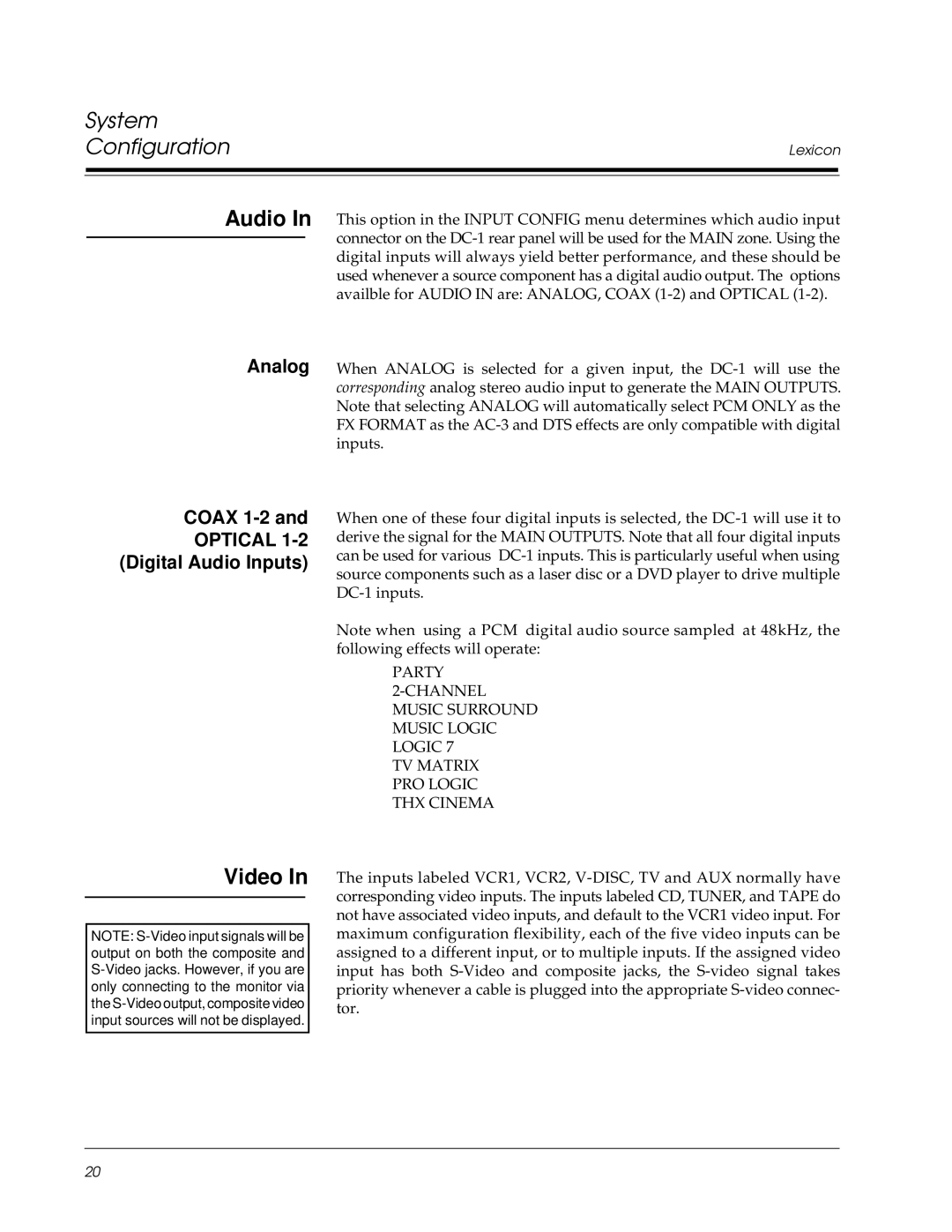 Lexicon Lexicon Part #070-13234 owner manual Video, Coax 1-2, Digital Audio Inputs 