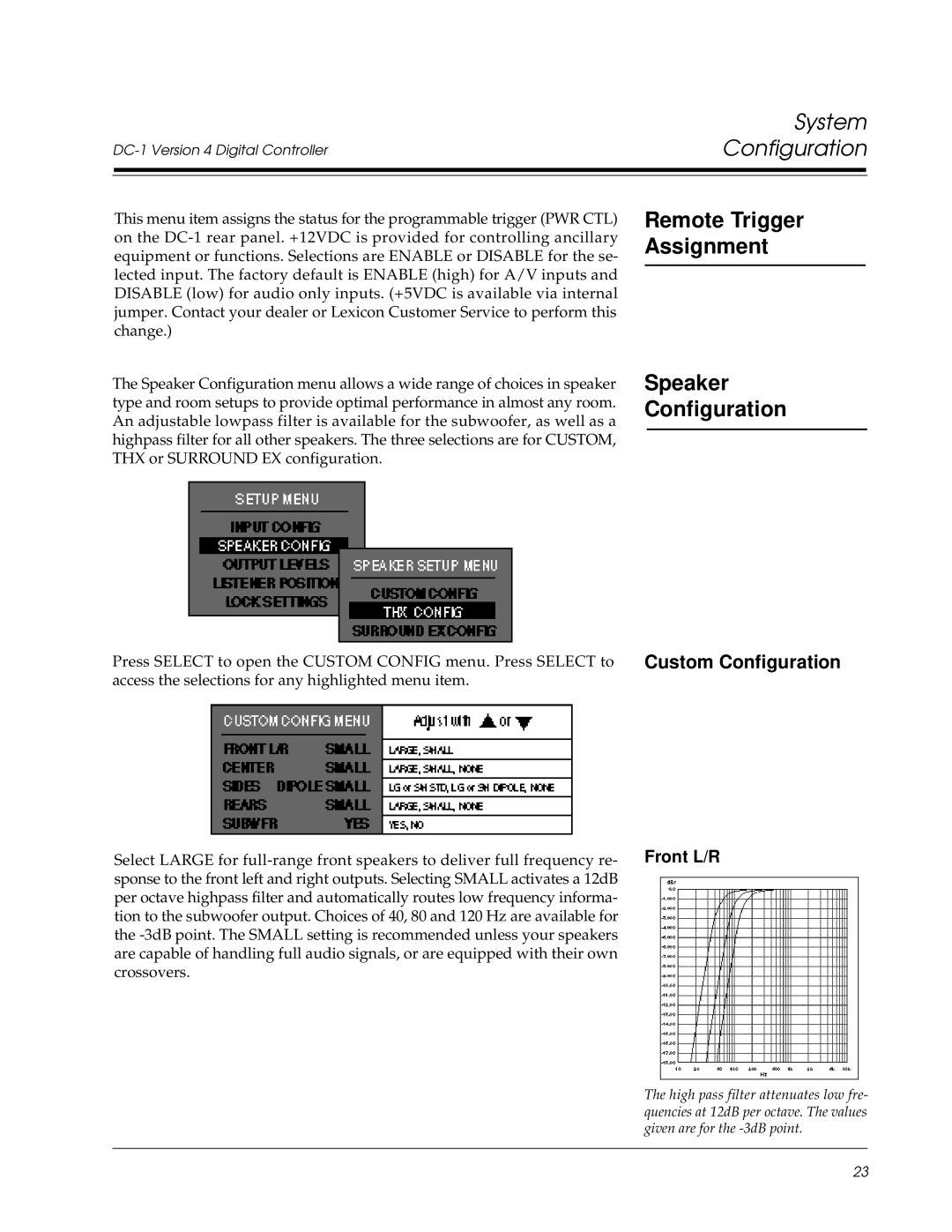 Lexicon Lexicon Part #070-13234 owner manual Speaker Configuration, Custom Configuration, Front L/R 