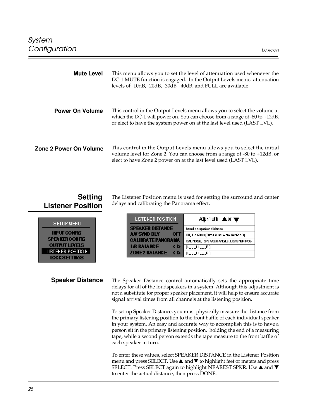 Lexicon Lexicon Part #070-13234 owner manual Speaker Distance, Mute Level Power On Volume Zone 2 Power On Volume 