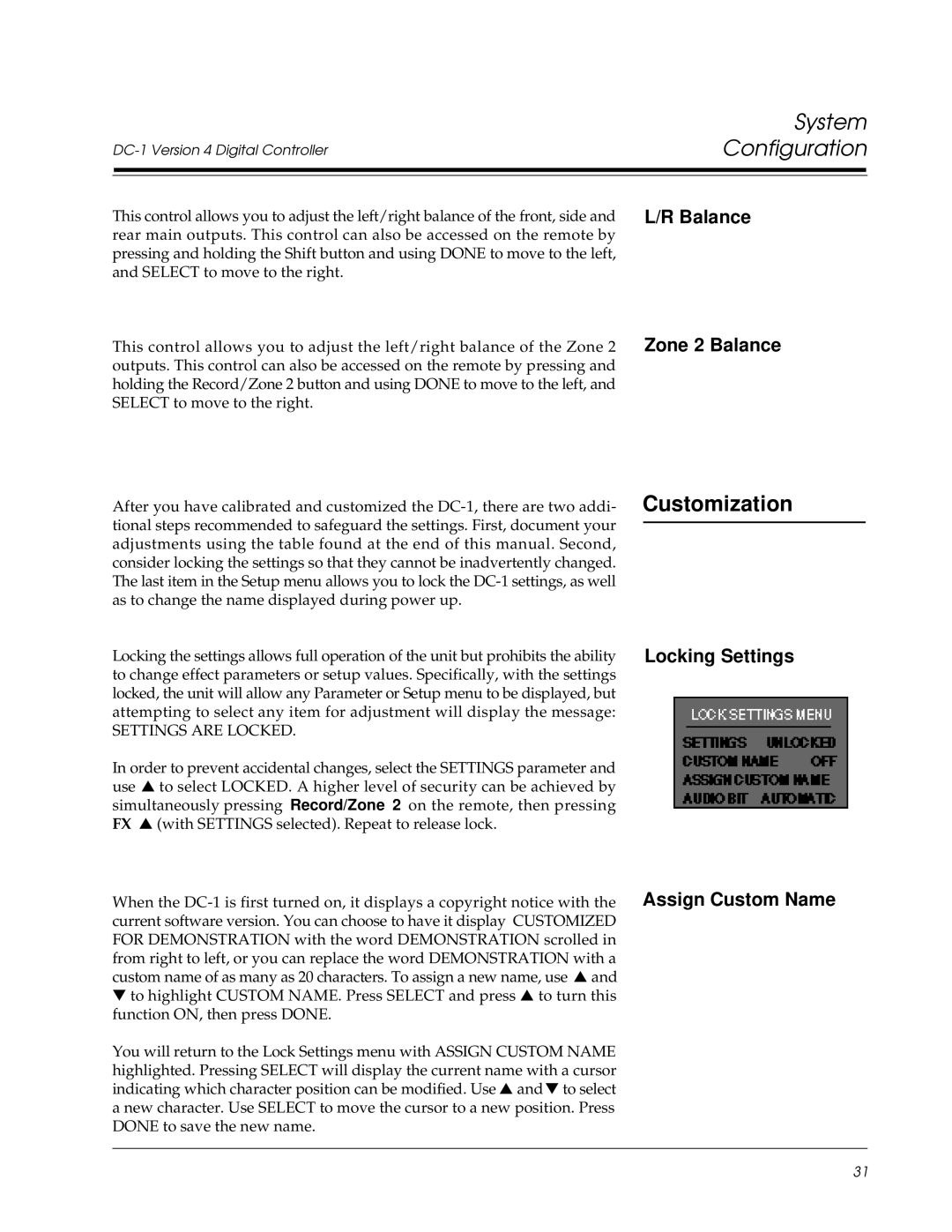 Lexicon Lexicon Part #070-13234 owner manual Customization, Balance Zone 2 Balance, Locking Settings Assign Custom Name 