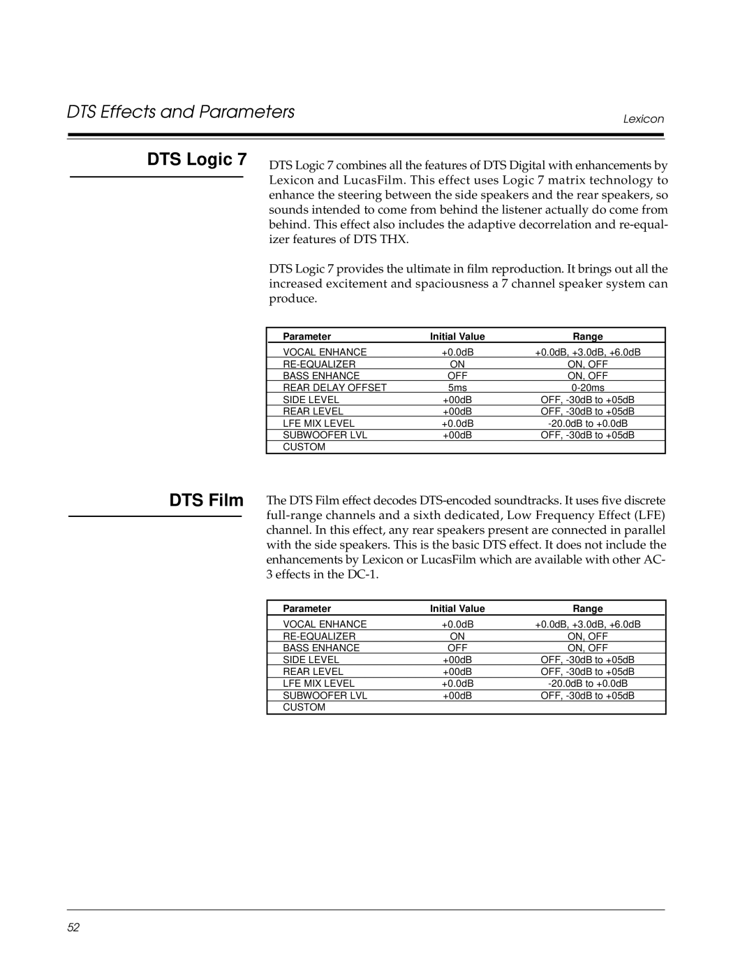 Lexicon Lexicon Part #070-13234 owner manual DTS Logic, DTS Film 