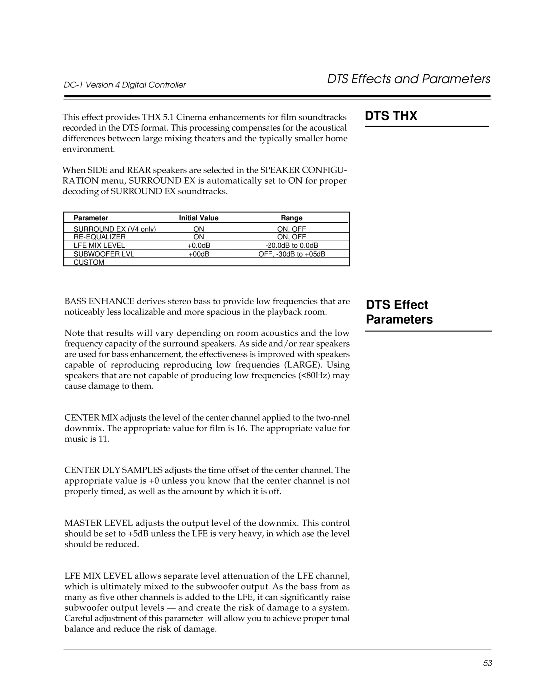 Lexicon Lexicon Part #070-13234 owner manual DTS Effect Parameters 