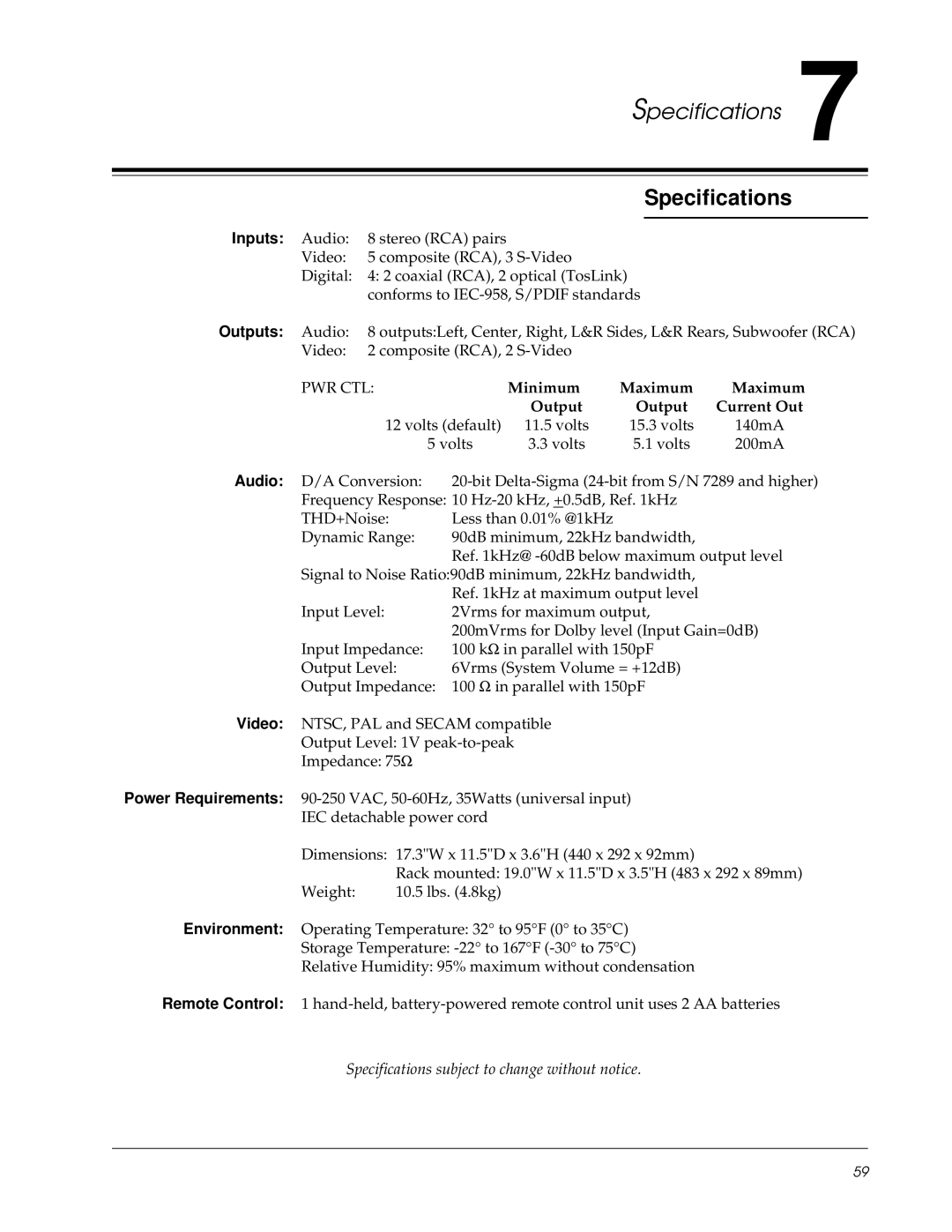 Lexicon Lexicon Part #070-13234 owner manual Specifications 