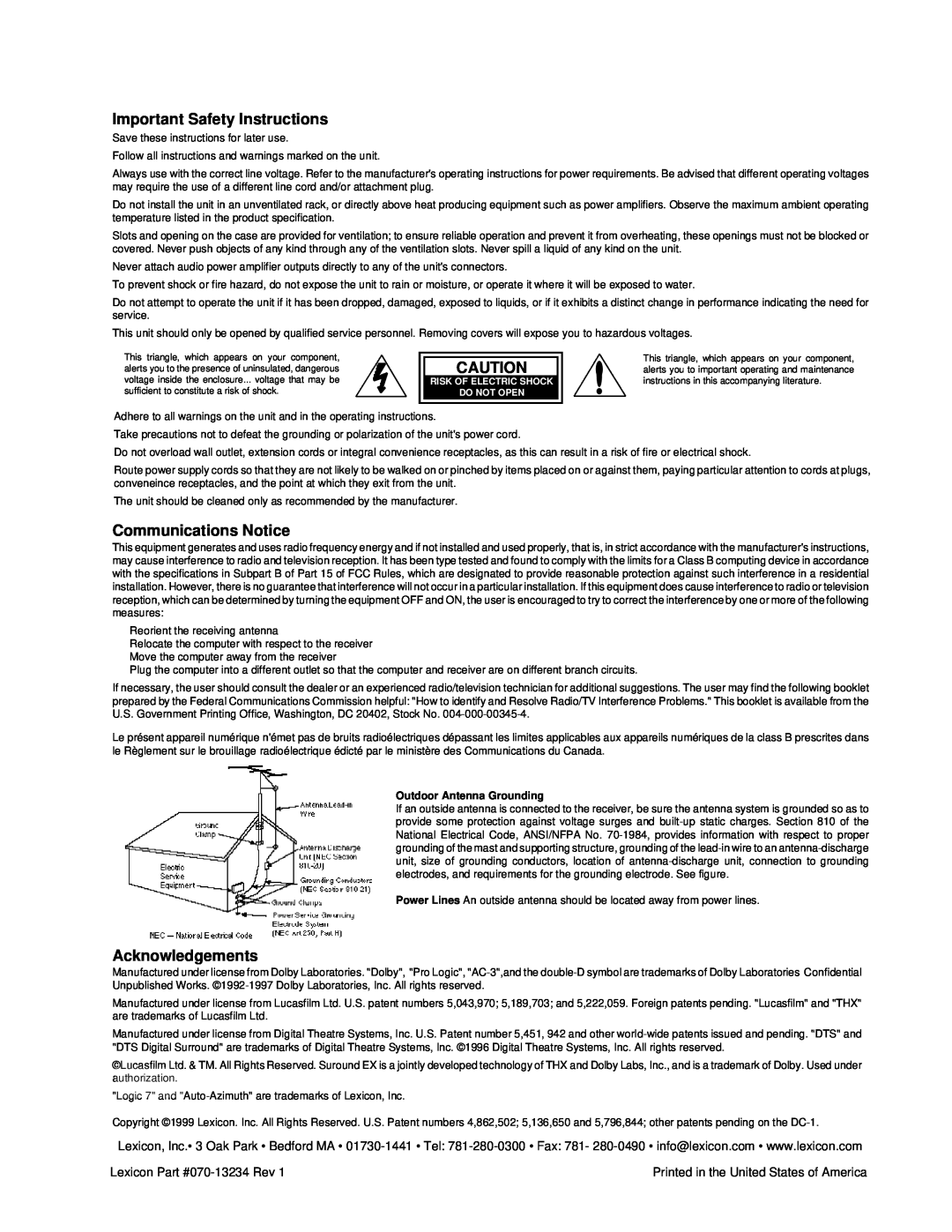 Lexicon Lexicon Part #070-13234 owner manual Important Safety Instructions, Communications Notice, Acknowledgements 