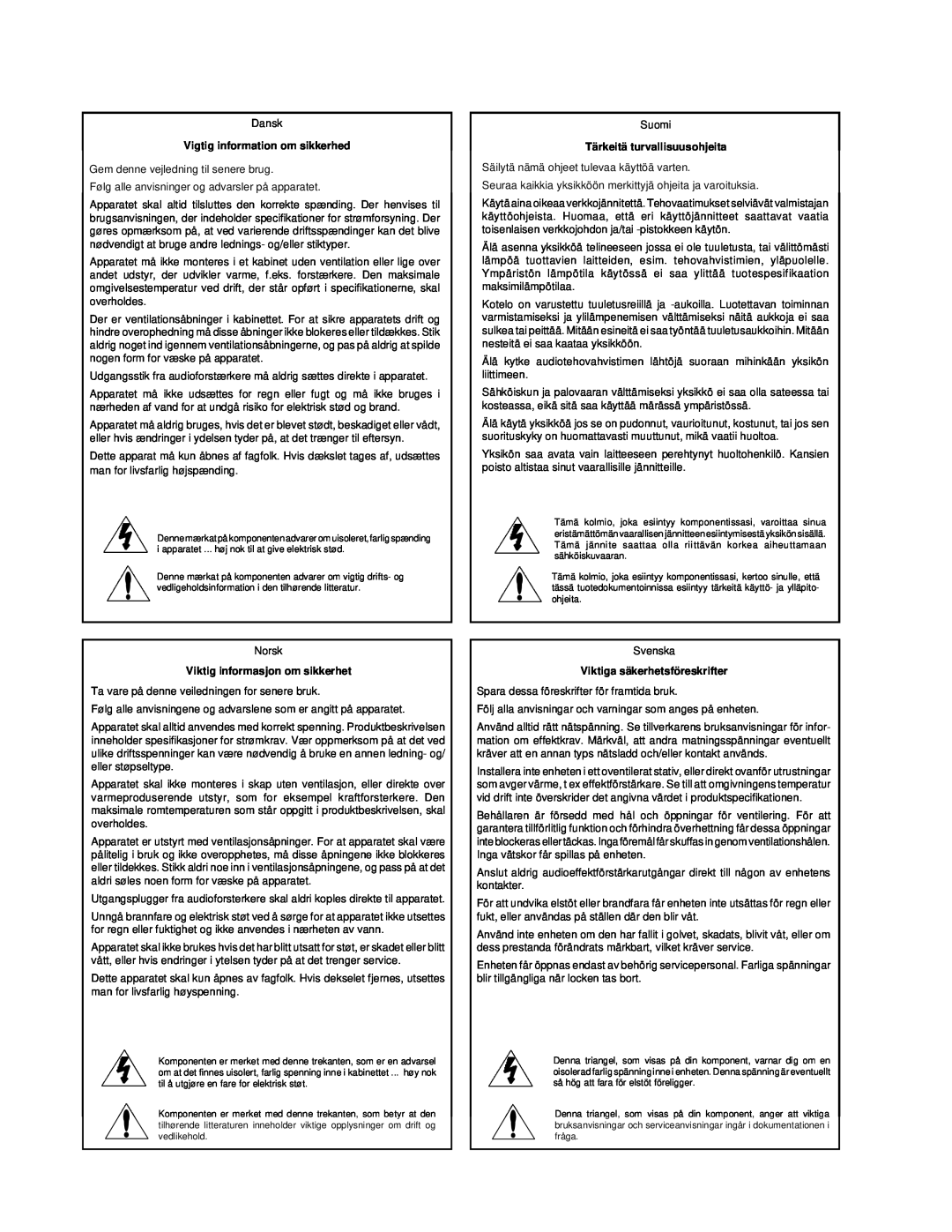 Lexicon Lexicon Part #070-13234 owner manual Vigtig information om sikkerhed, Tärkeitä turvallisuusohjeita 
