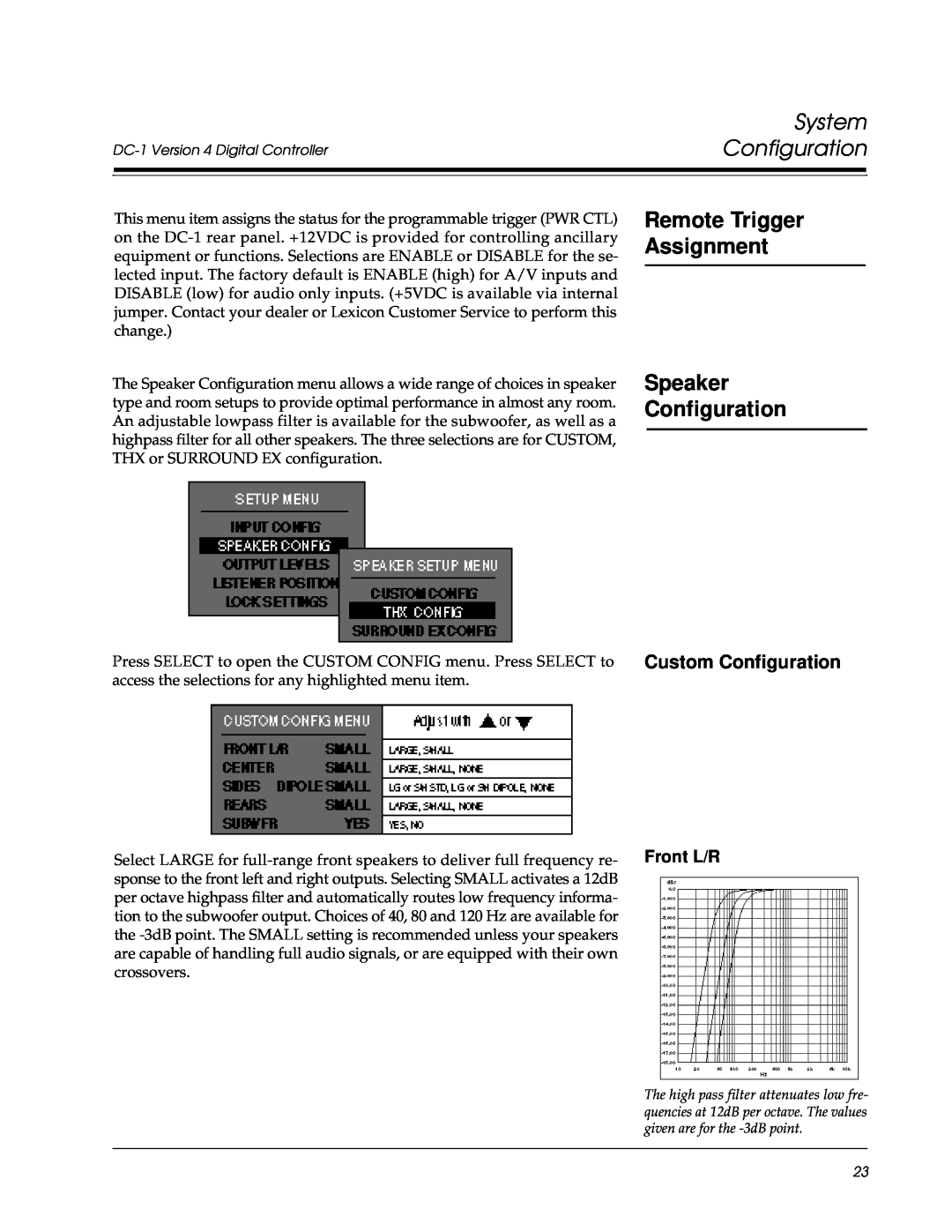 Lexicon Lexicon Part #070-13234 Speaker Configuration, Remote Trigger Assignment, Custom Configuration, Front L/R 