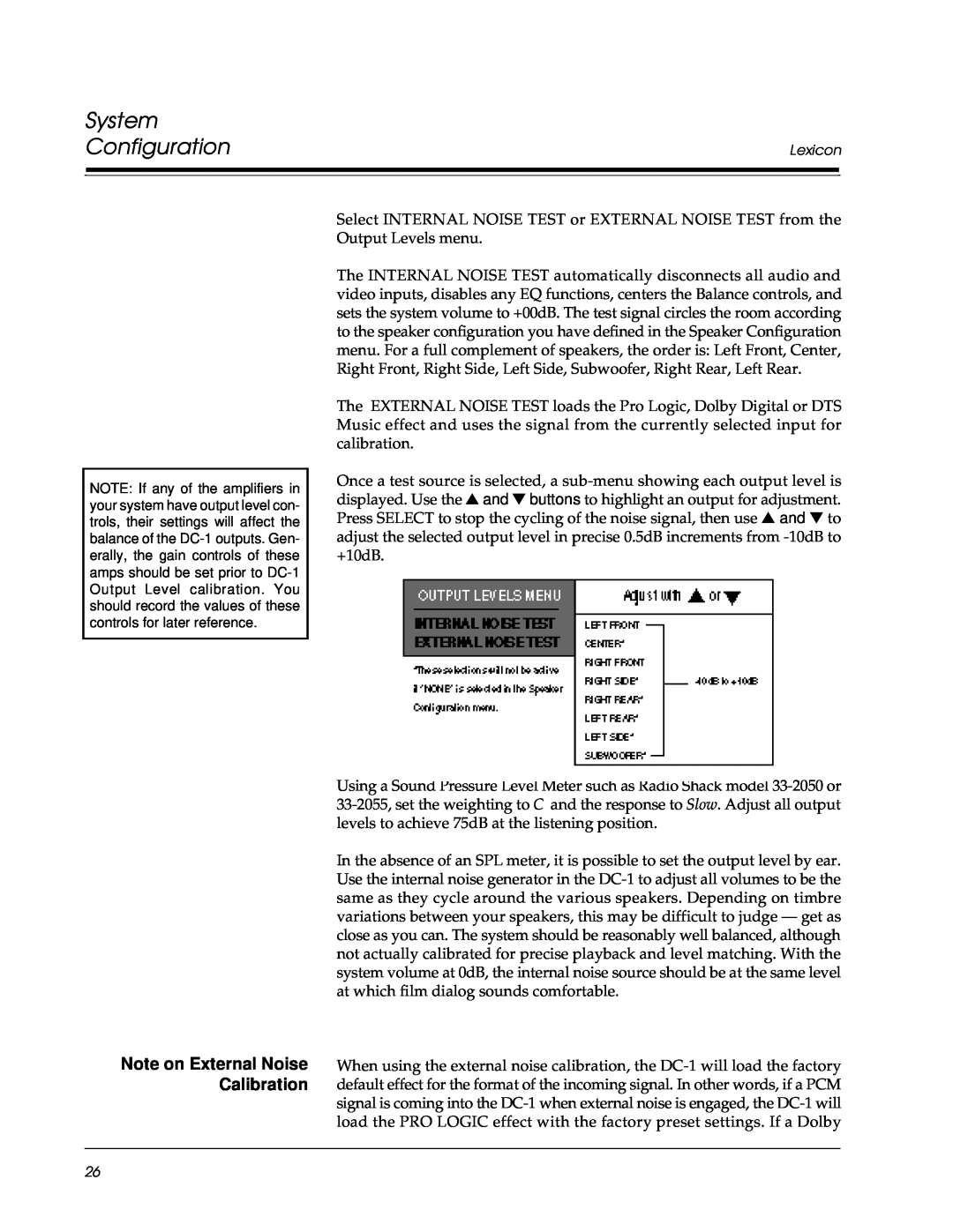 Lexicon Lexicon Part #070-13234 owner manual Note on External Noise Calibration, System Configuration 