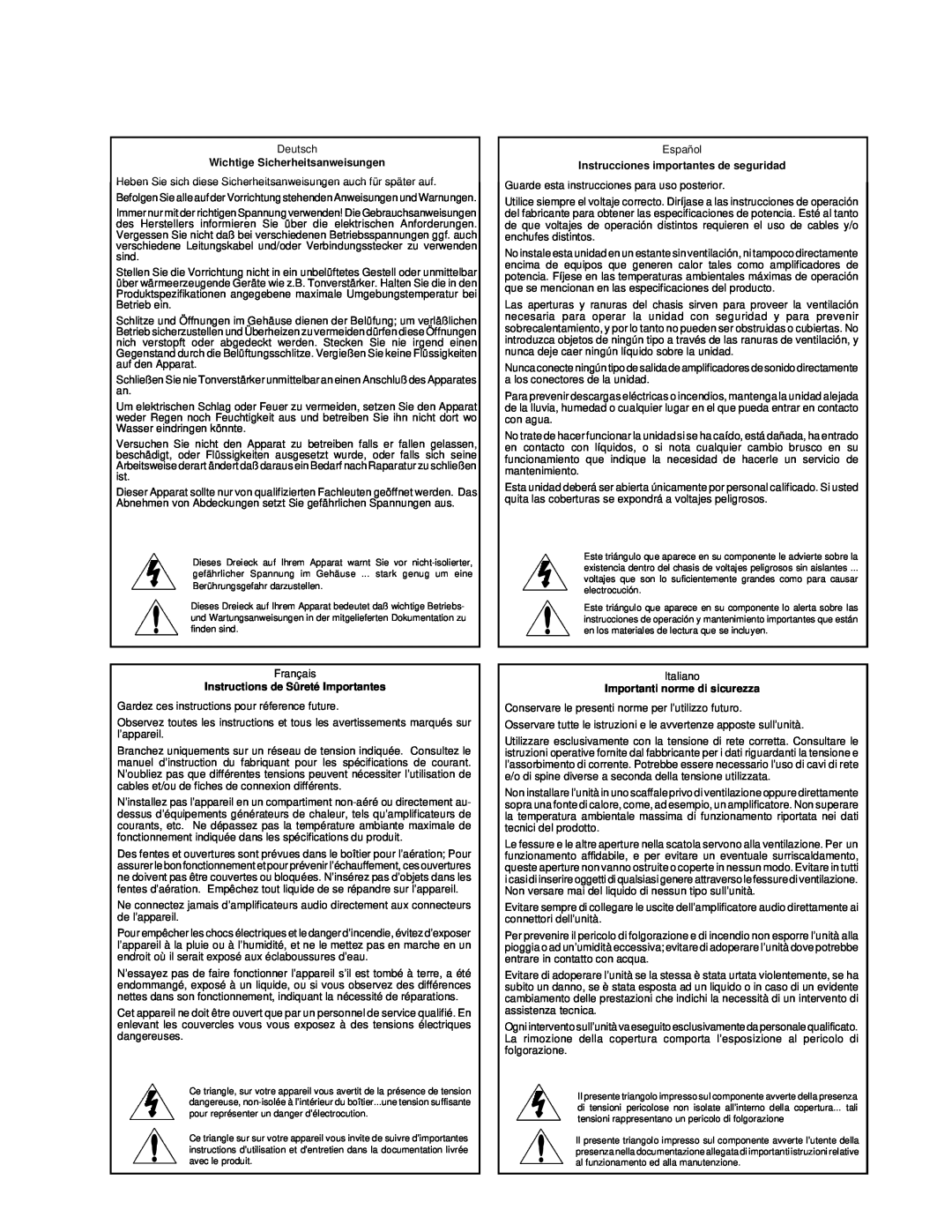 Lexicon Lexicon Part #070-13234 owner manual Wichtige Sicherheitsanweisungen, Instrucciones importantes de seguridad 