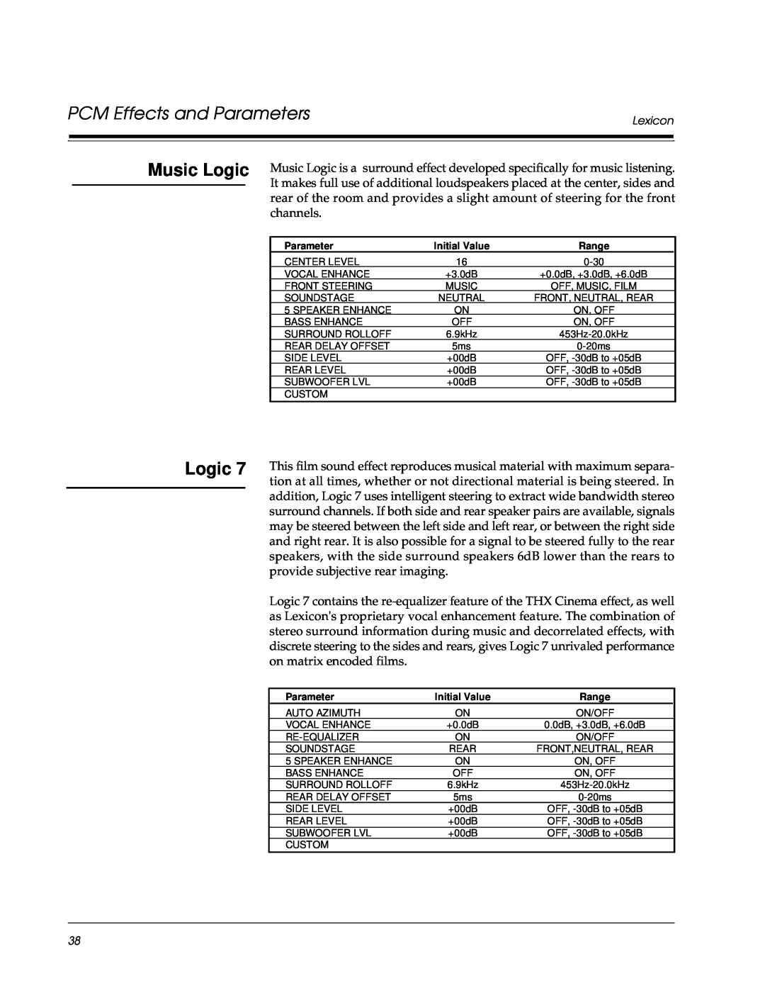 Lexicon Lexicon Part #070-13234 owner manual Logic, PCM Effects and Parameters 