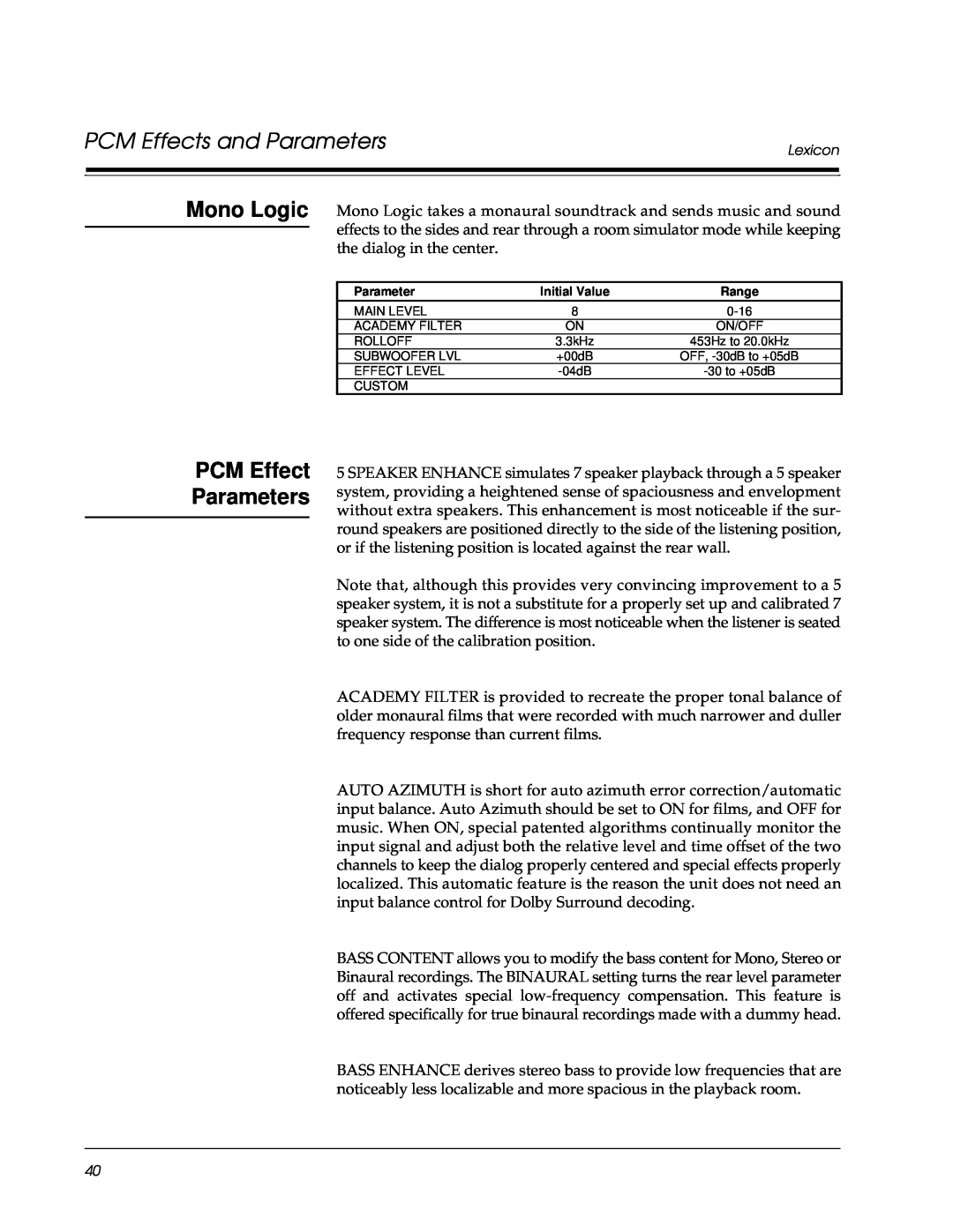 Lexicon Lexicon Part #070-13234 owner manual PCM Effect Parameters, PCM Effects and Parameters 