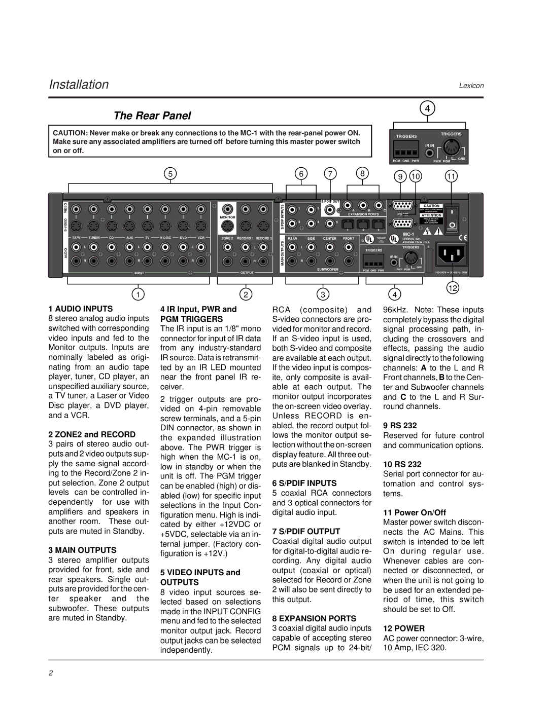 Lexicon MC-1 owner manual Rear Panel, Triggers 