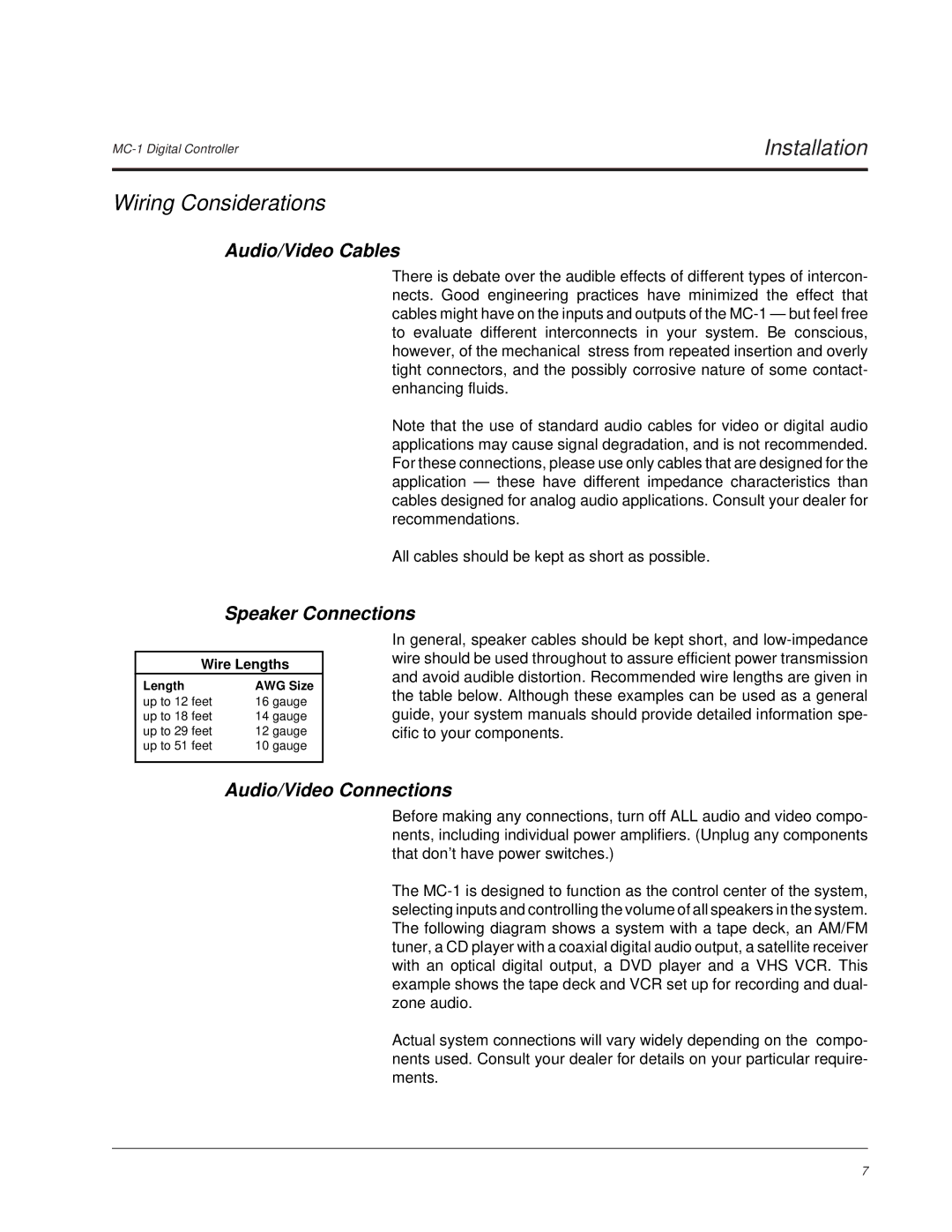 Lexicon MC-1 owner manual Wiring Considerations, Audio/Video Cables, Speaker Connections, Audio/Video Connections 