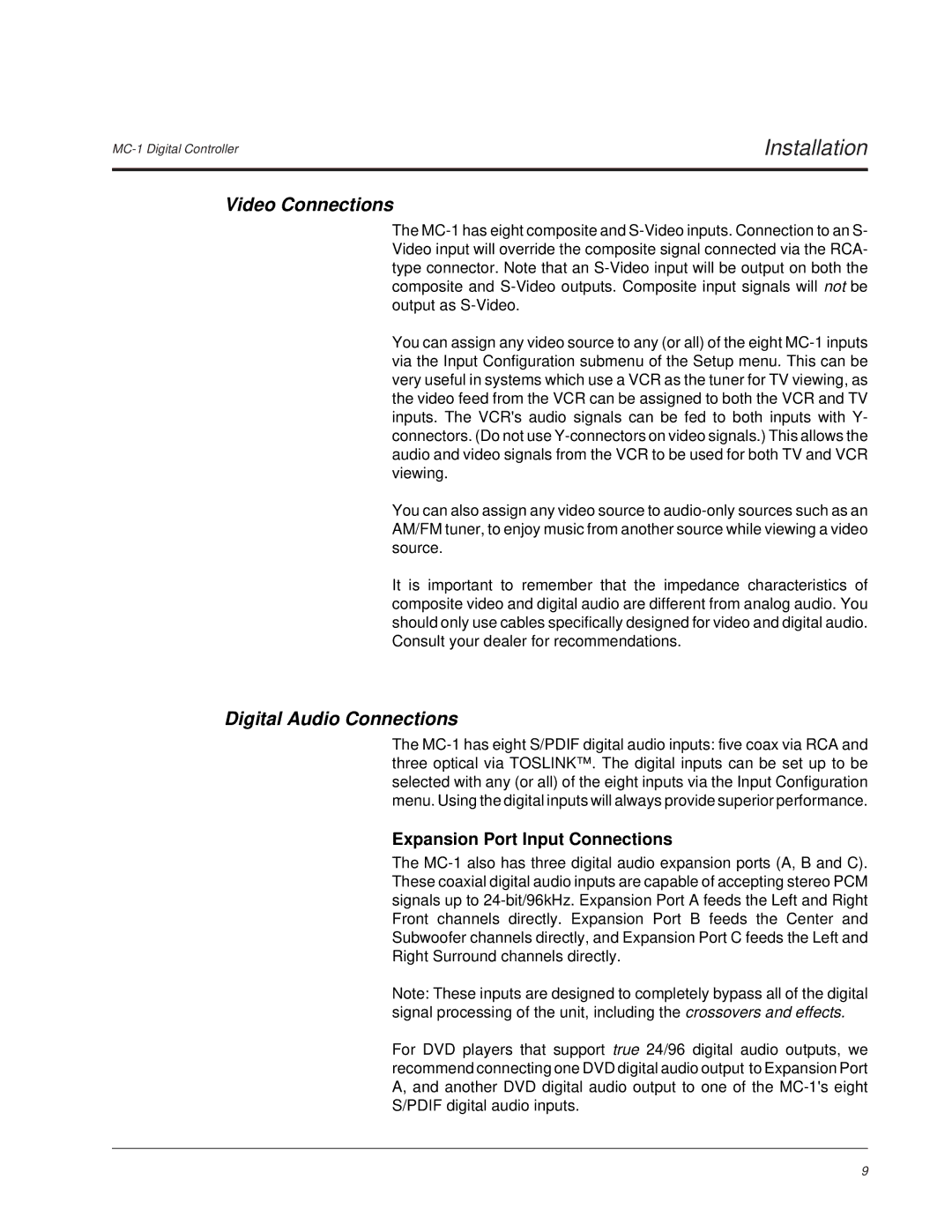 Lexicon MC-1 owner manual Video Connections, Digital Audio Connections, Expansion Port Input Connections 