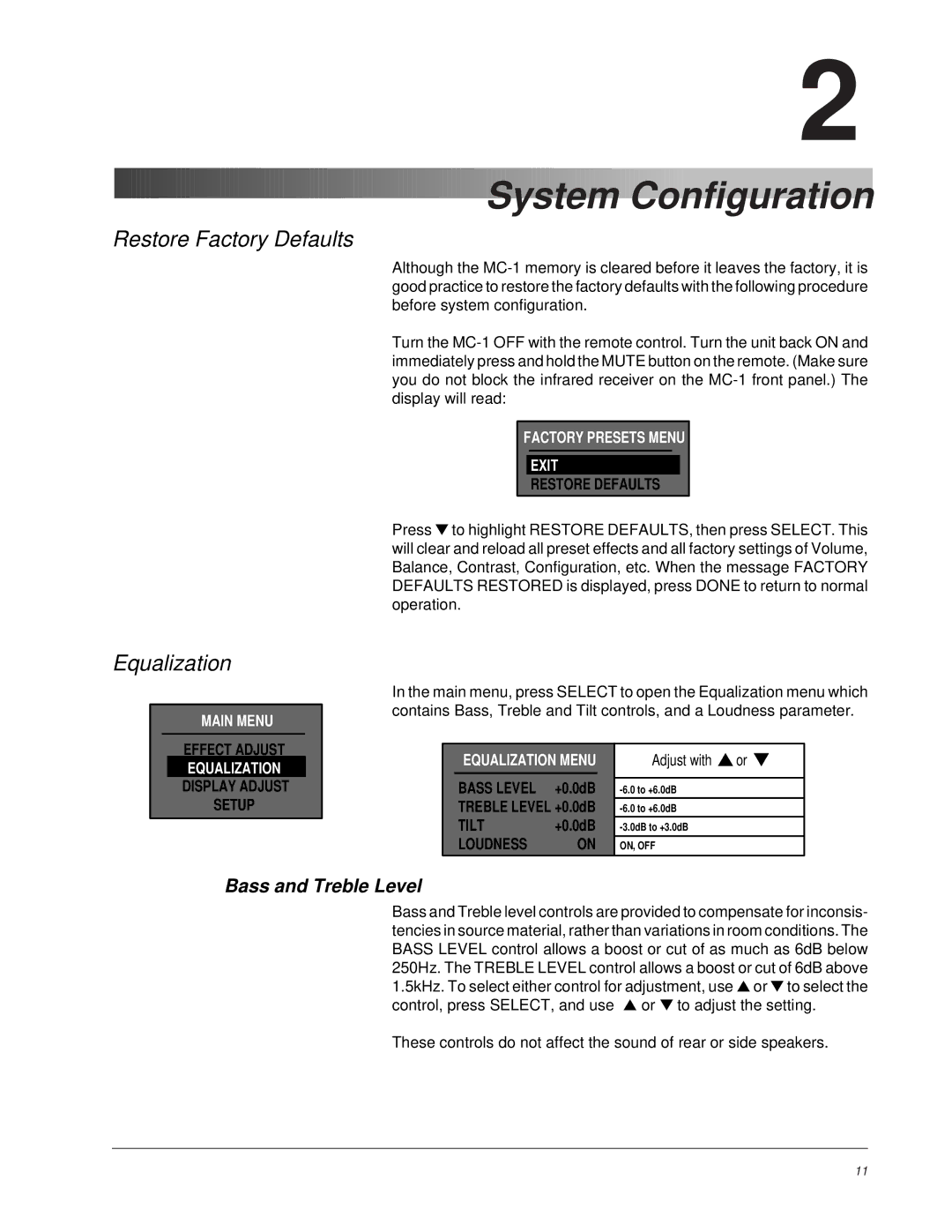 Lexicon MC-1 owner manual Restore Factory Defaults, Equalization, Bass and Treble Level 